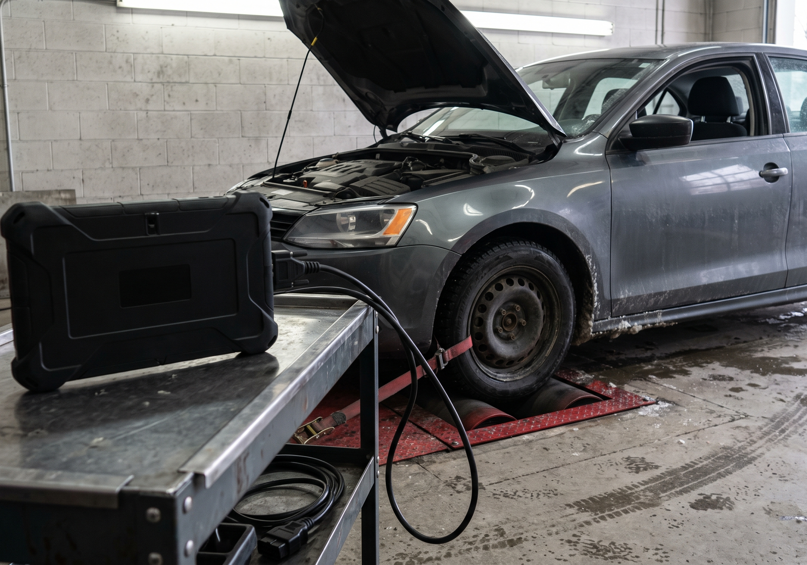 Atelier de performance avec voiture diesel sur dyno et outil de diagnostic pour des questions de reprogrammation ECU près de la Rive-Sud
