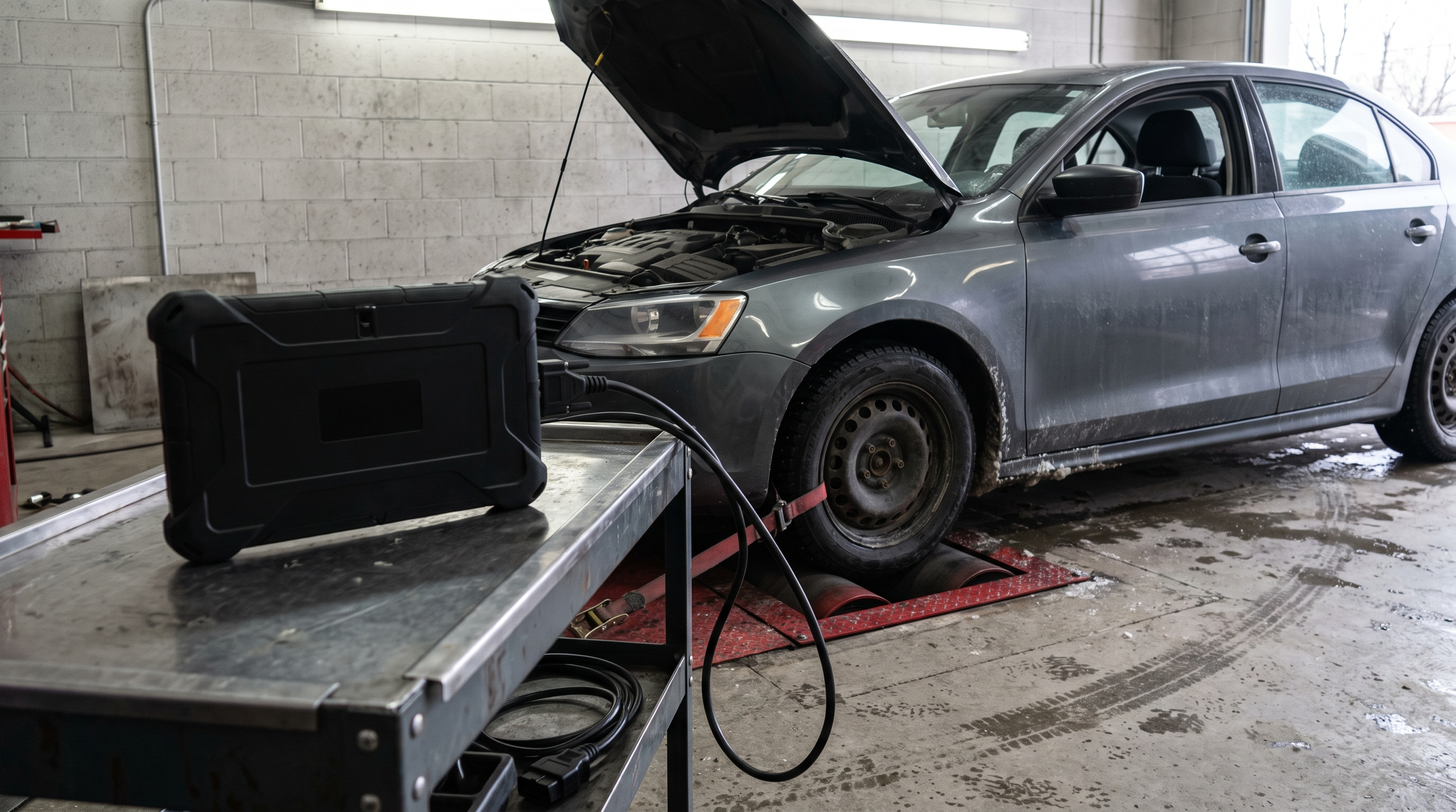 Atelier de performance avec voiture diesel sur dyno et outil de diagnostic pour des questions de reprogrammation ECU près de la Rive-Sud