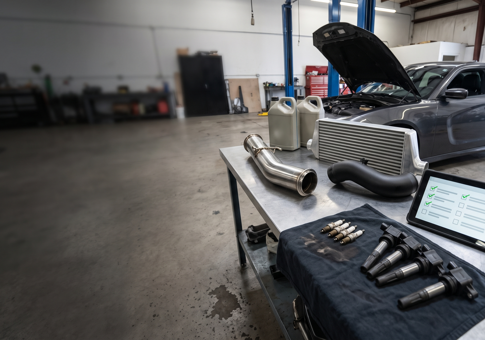 Workshop table with Stage 2 tune supporting parts including a downpipe, intercooler, intake pipe, ignition parts, fluids, and checklist tablet