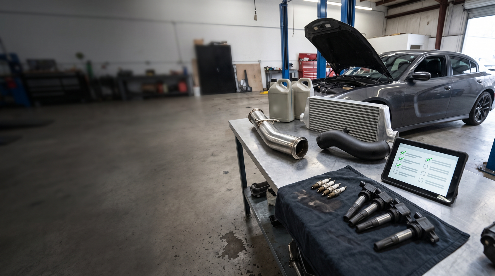 Workshop table with Stage 2 tune supporting parts including a downpipe, intercooler, intake pipe, ignition parts, fluids, and checklist tablet