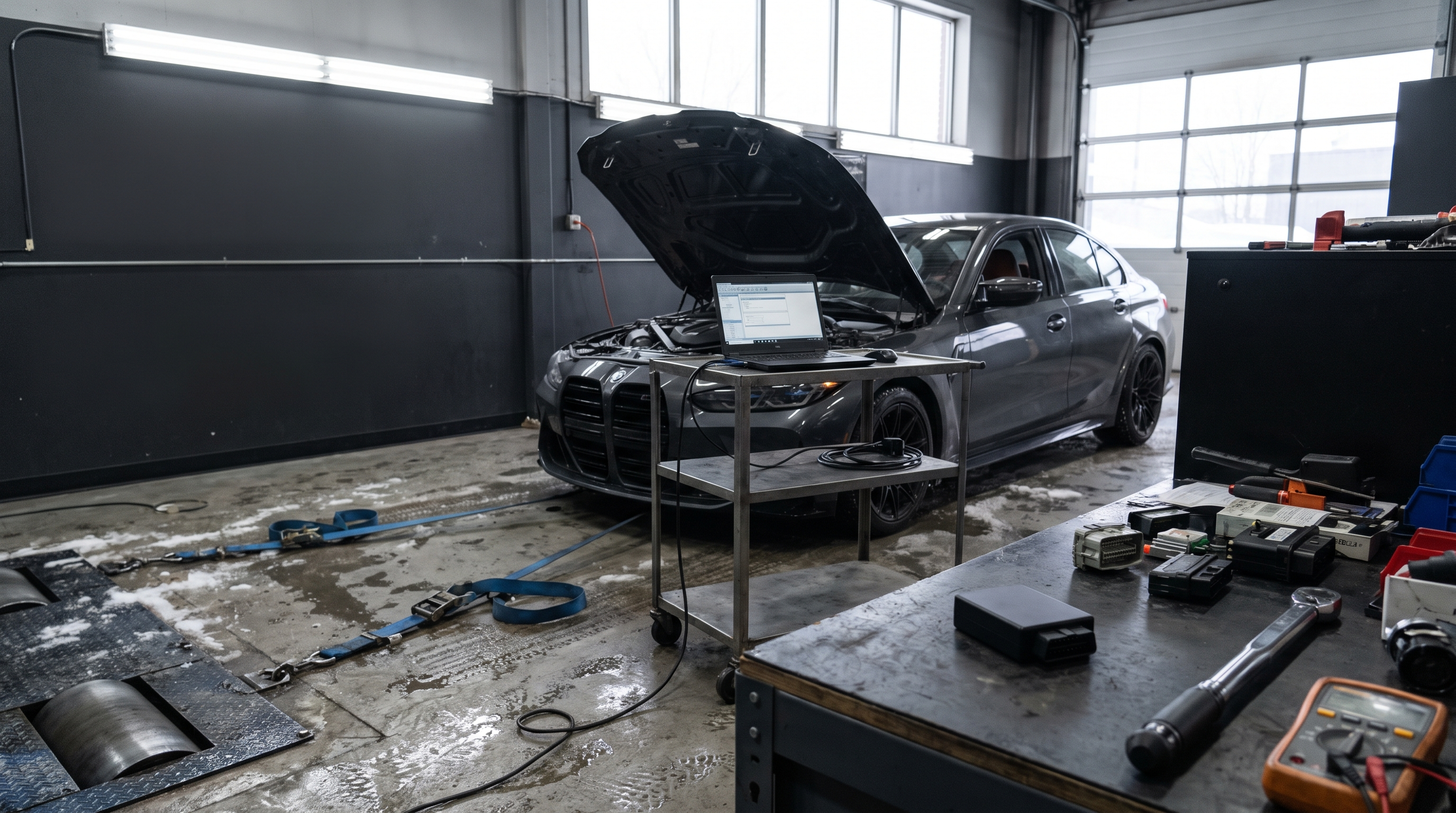 Performance tuning workshop with diagnostic laptop and plug-in tuning module for an ECU tuning vs chip tuning guide