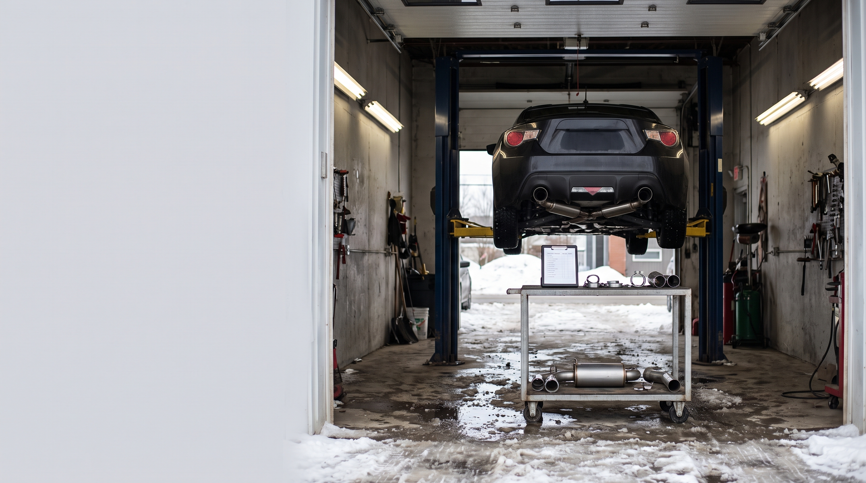 Atelier d’échappement de performance avec coupé sur pont, pièces d’échappement et checklist de devis près de Brossard