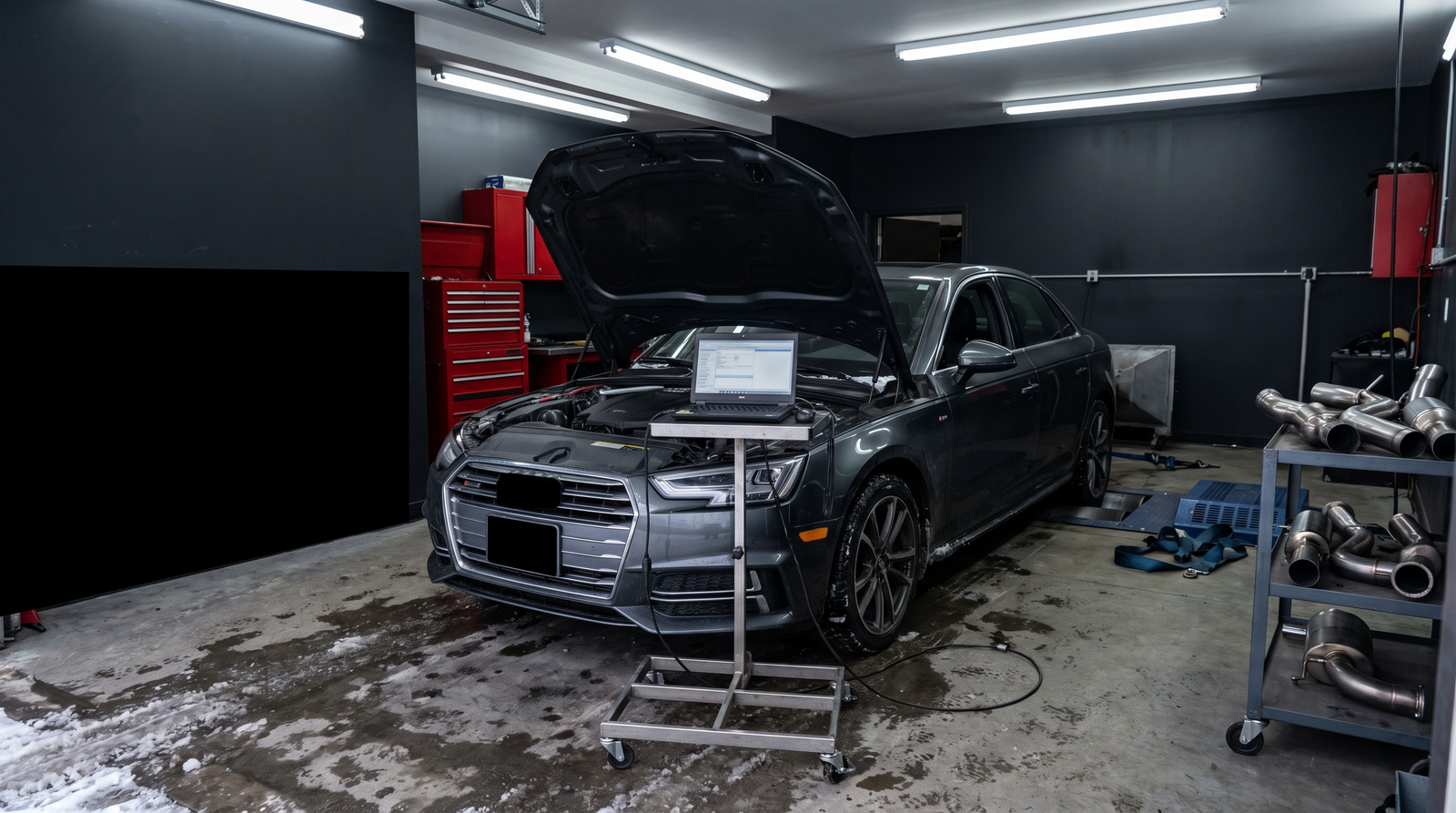 Audi-inspired sport sedan in a Quebec tuning workshop with diagnostic laptop, dyno rollers, and exhaust parts for a tuning checklist