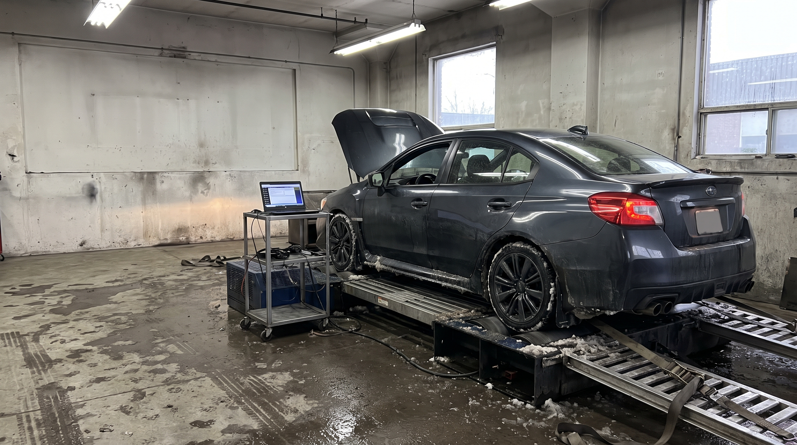 Illustration: AWD sport sedan strapped to a chassis dyno in a Quebec tuning workshop with a diagnostic laptop for a booking checklist