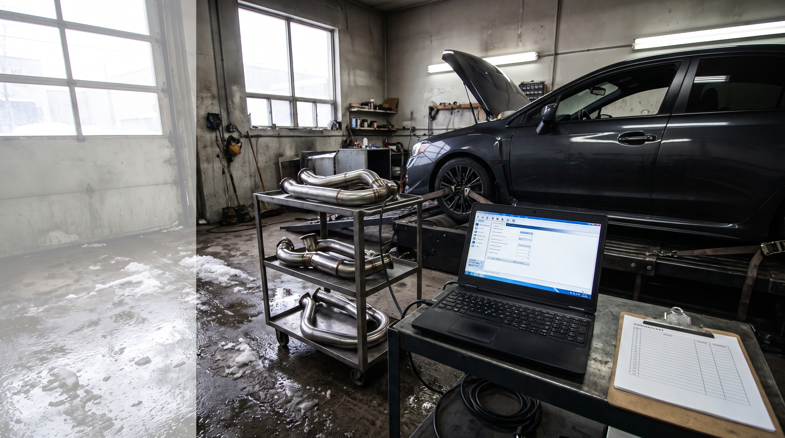 Generic sport sedan in a Quebec tuning workshop with dyno rollers, diagnostic laptop and exhaust parts for a tuning shop checklist