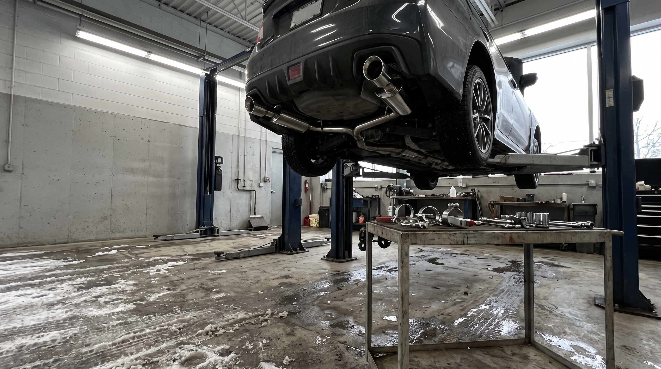 Performance exhaust workshop with a coupe on a lift and exhaust components for a Montreal and Brossard shop checklist