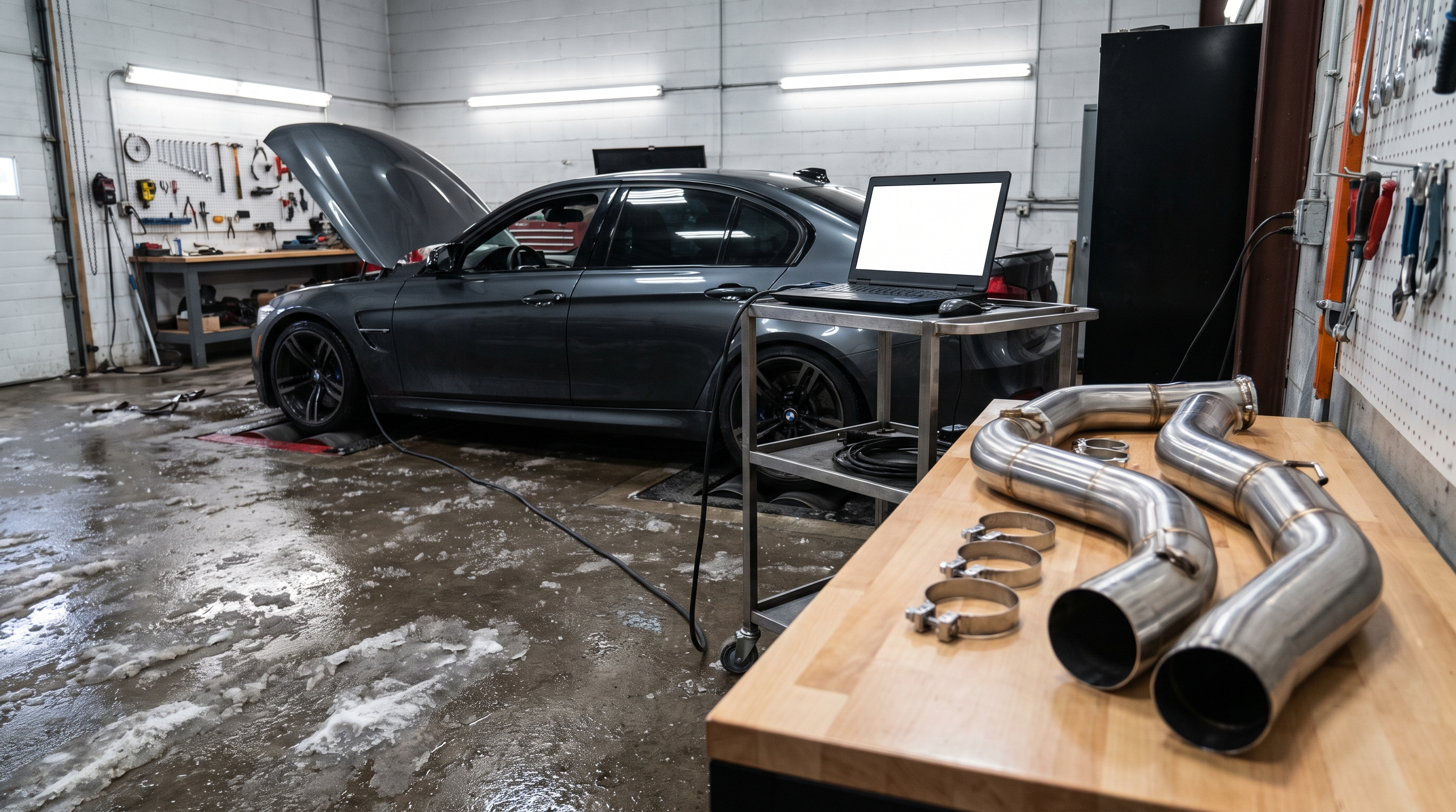 BMW-inspired sport sedan in a Quebec tuning workshop with diagnostic laptop and downpipe parts for a tune, check engine light and fitment checklist