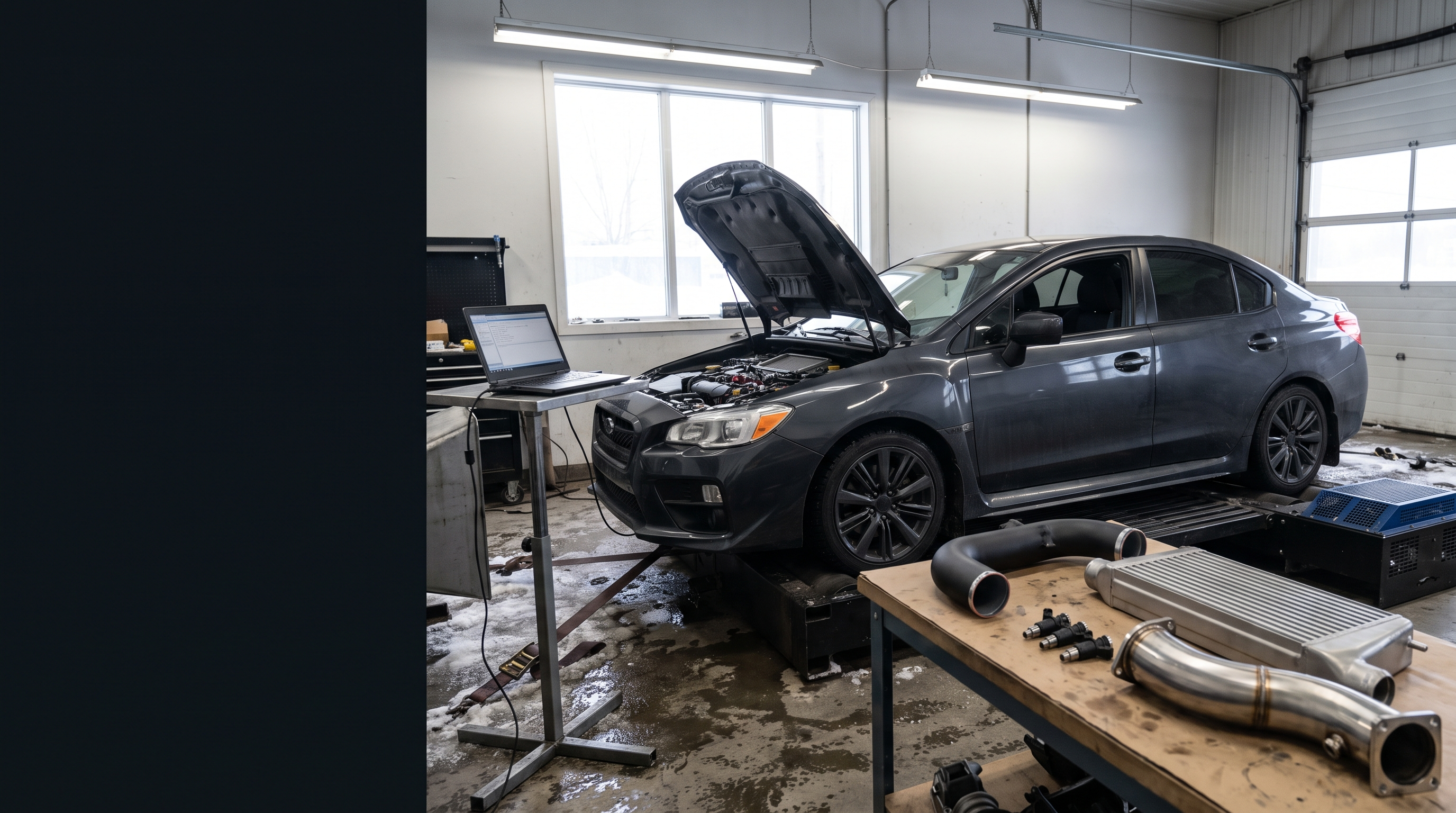 Generic sport sedan on a chassis dyno in a Quebec tuning workshop with diagnostic laptop and staged performance parts for a Stage 1 to Stage 4 tuning guide