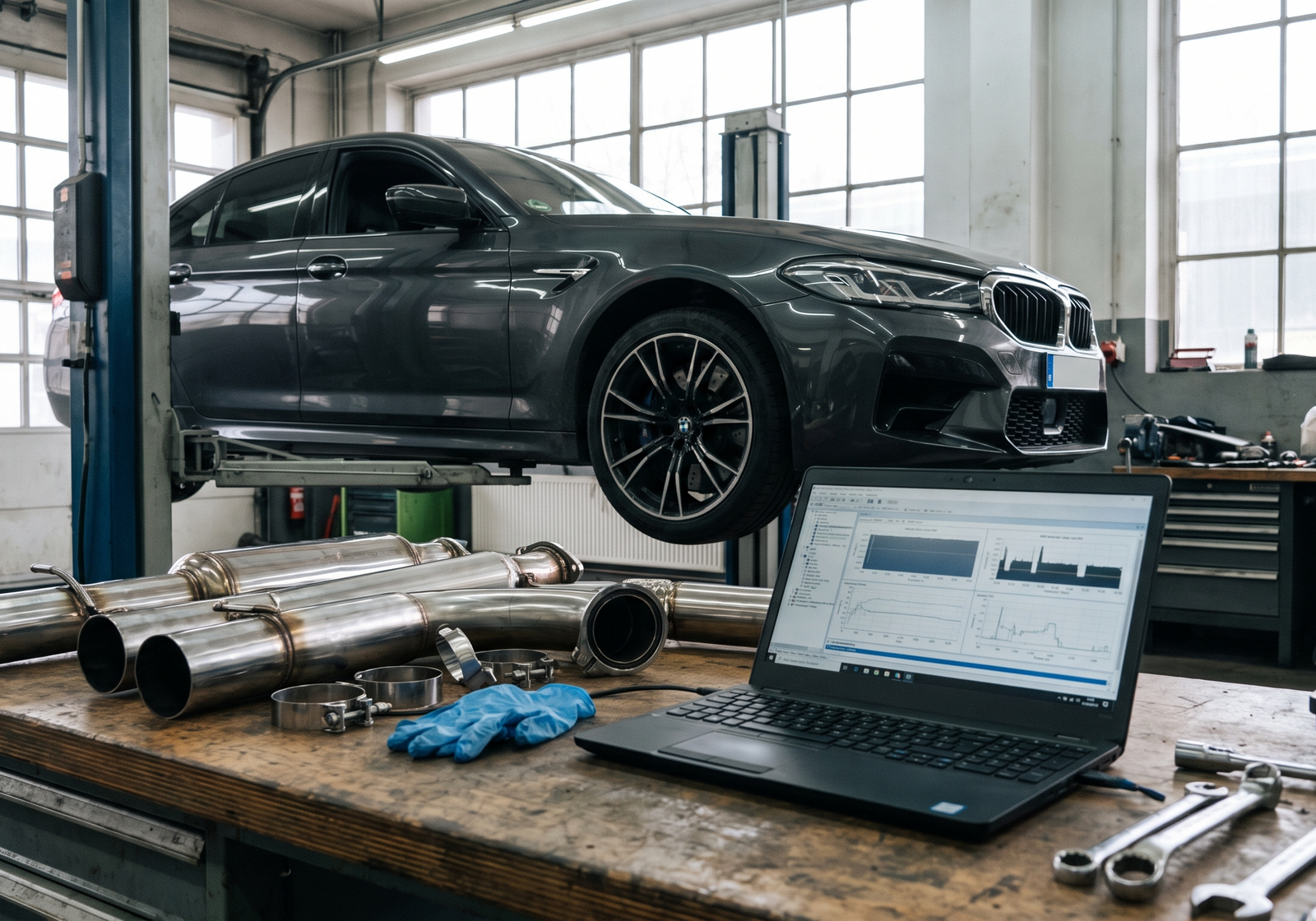 BMW M5 F90-inspired sedan in a workshop with downpipes and tuning diagnostics for an install and fitment checklist