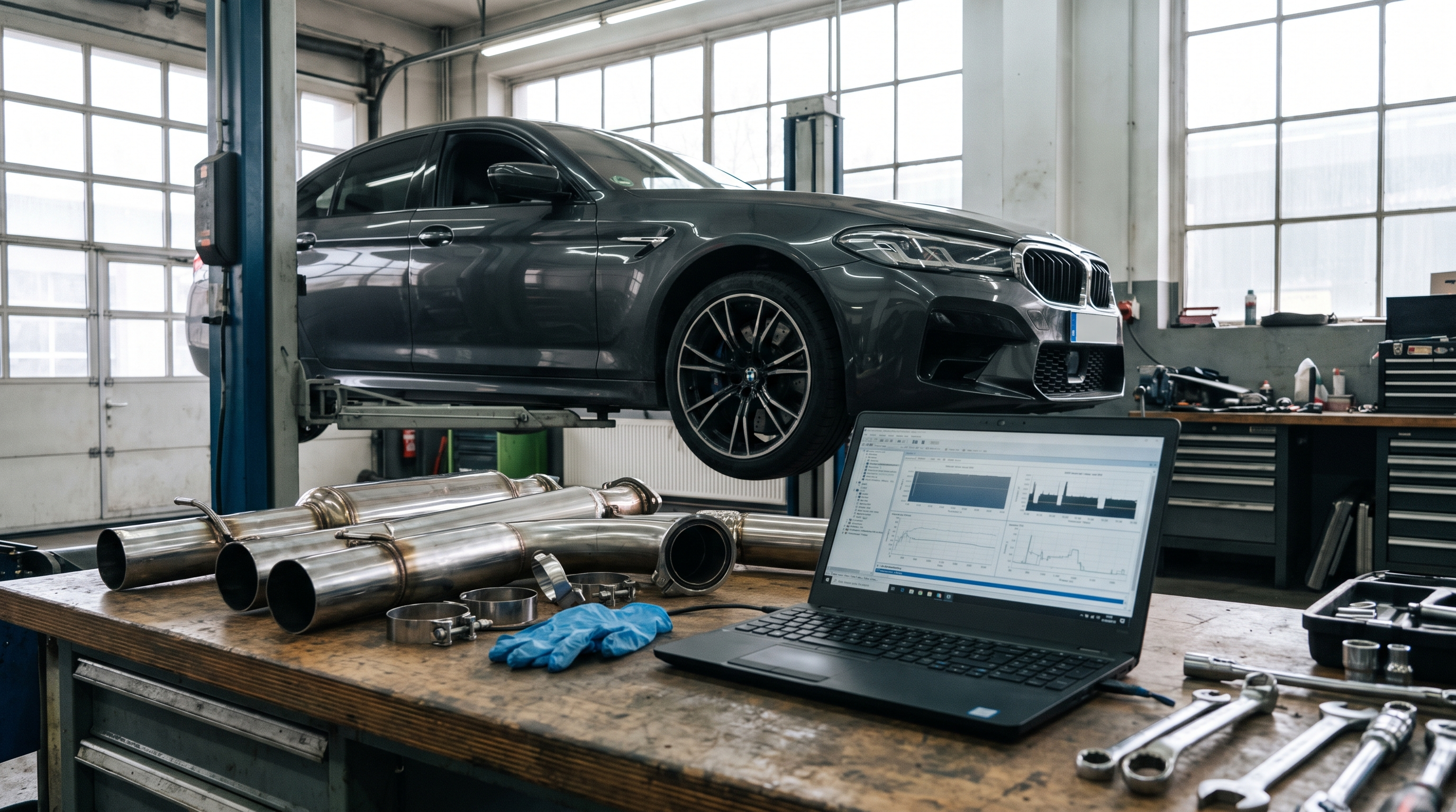 BMW M5 F90-inspired sedan in a workshop with downpipes and tuning diagnostics for an install and fitment checklist