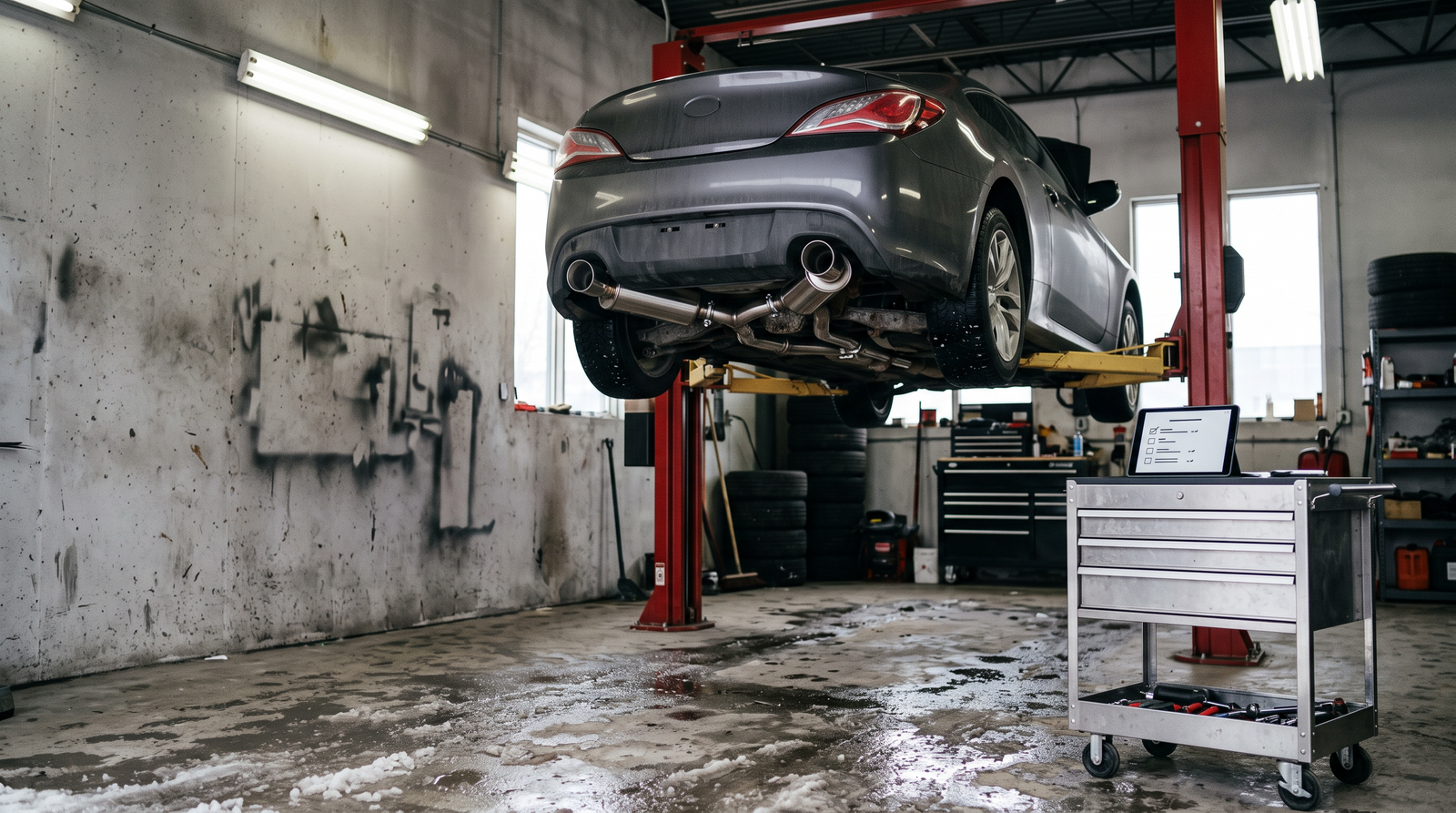 Performance exhaust workshop with a coupe on a lift, visible exhaust routing and a quote checklist for a Brossard modified exhaust price guide