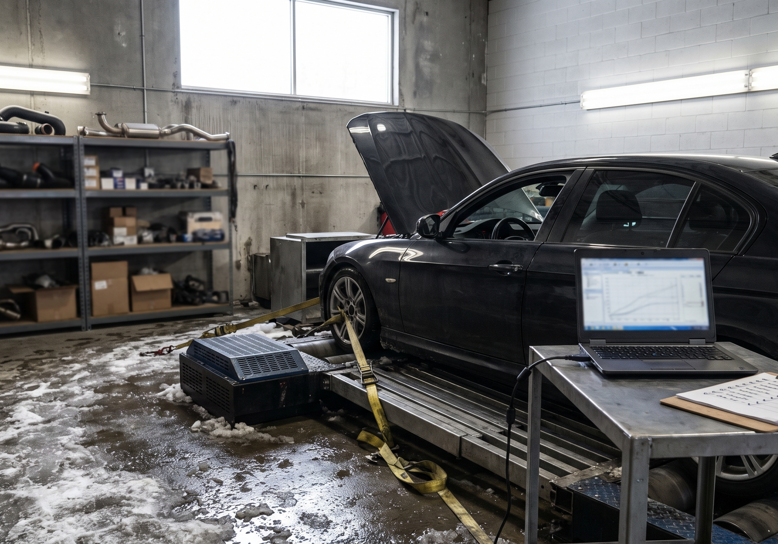 Generic sport sedan on a chassis dyno in a Quebec tuning workshop for a car tuner prices, reviews and services checklist
