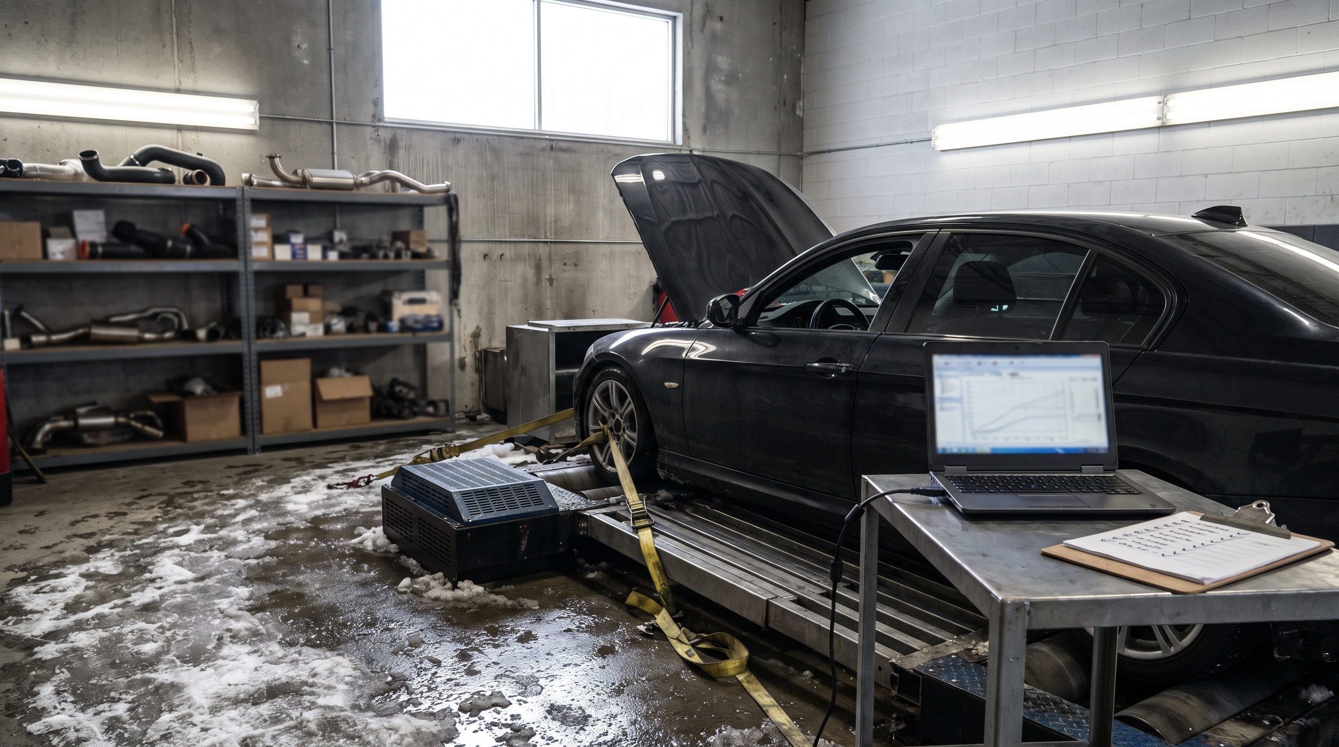 Generic sport sedan on a chassis dyno in a Quebec tuning workshop for a car tuner prices, reviews and services checklist