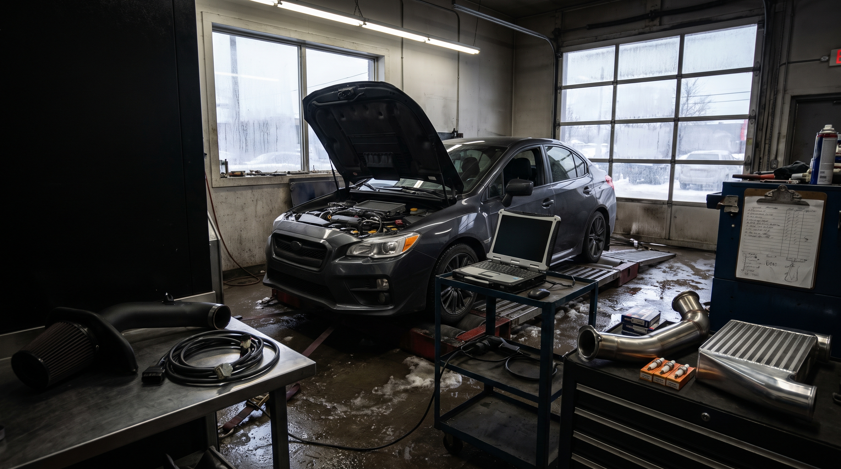 Generic sport sedan on a chassis dyno in a Quebec tuning workshop with Stage 1 and Stage 2 supporting parts checklist