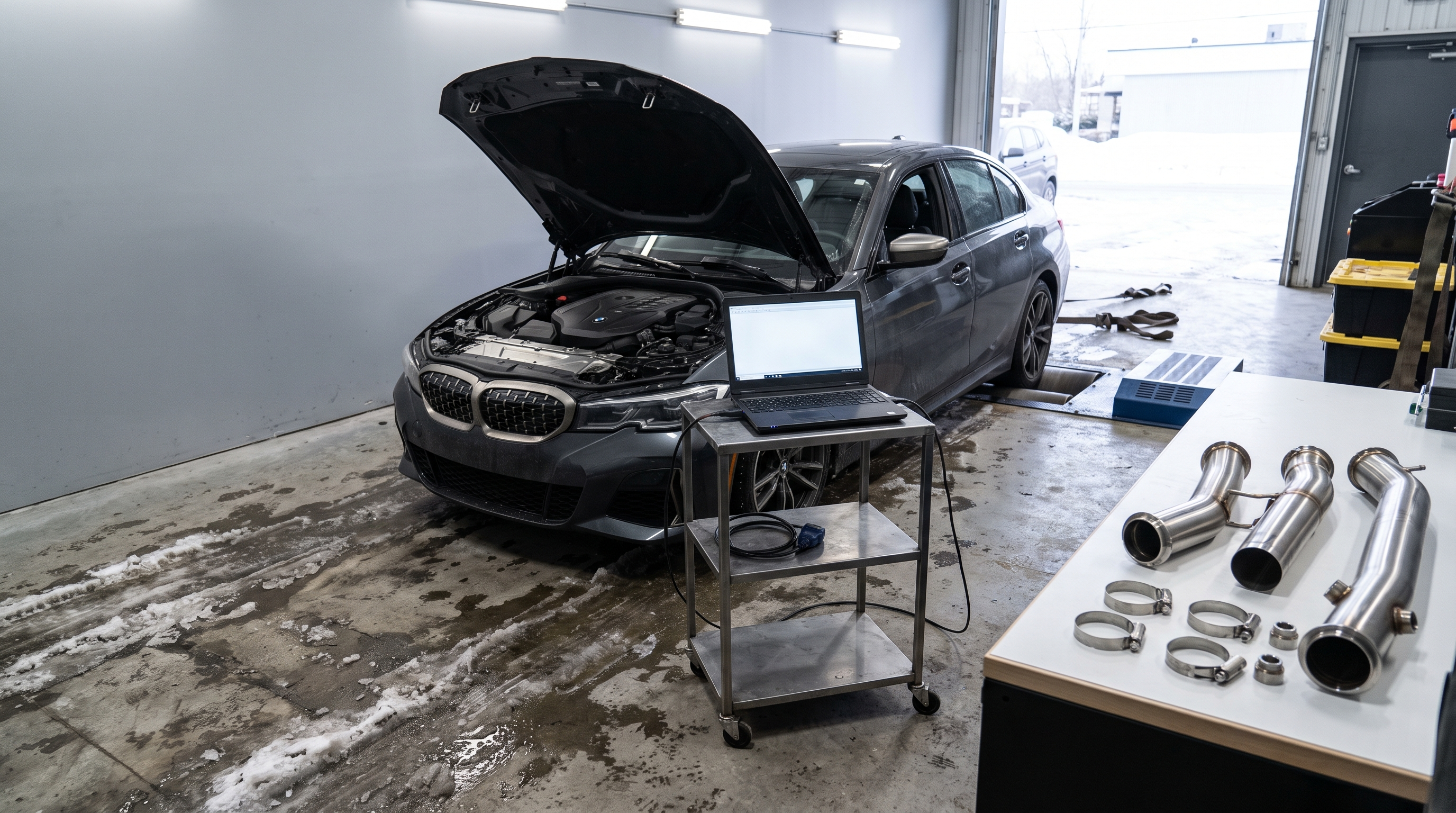 BMW M340i-inspired sport sedan in a Quebec tuning workshop with diagnostic laptop and downpipe parts for a tune, check engine light and fitment checklist