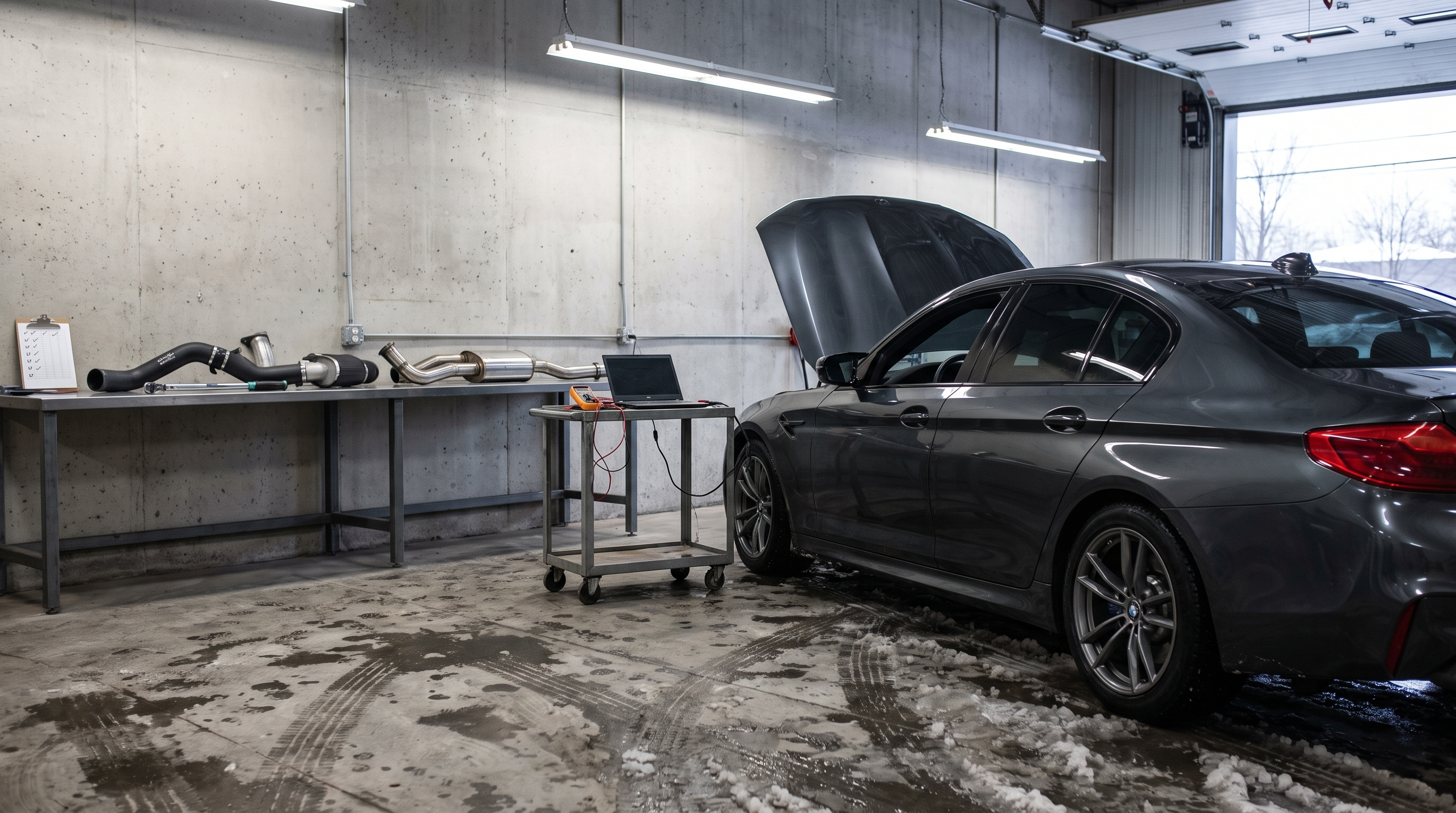 Generated editorial image of a performance sedan in a Quebec modification shop with diagnostics and exhaust parts