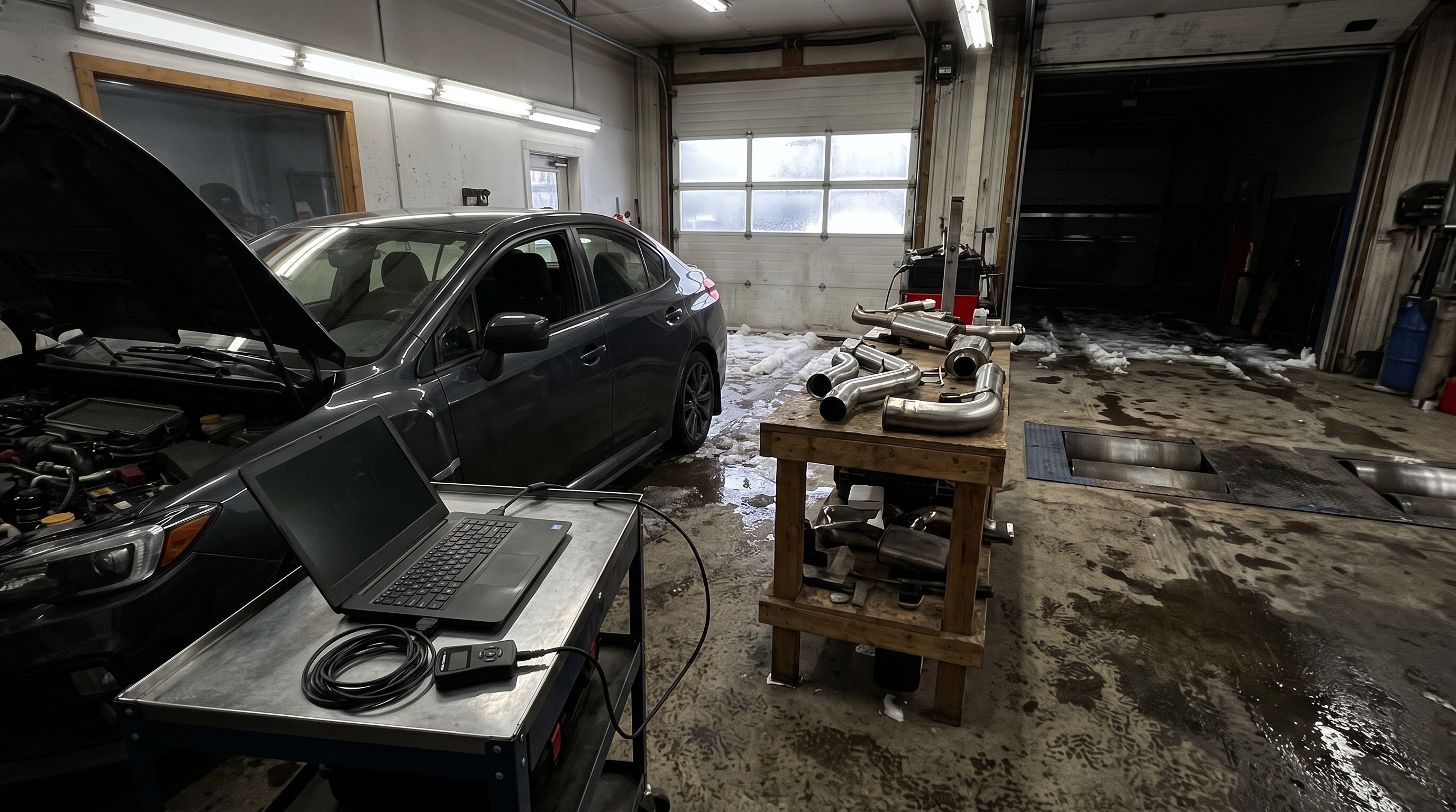 Generated editorial image of a generic sport sedan in a Quebec performance garage with a diagnostic laptop and unbranded programmer device for an ECU tuning buyer guide