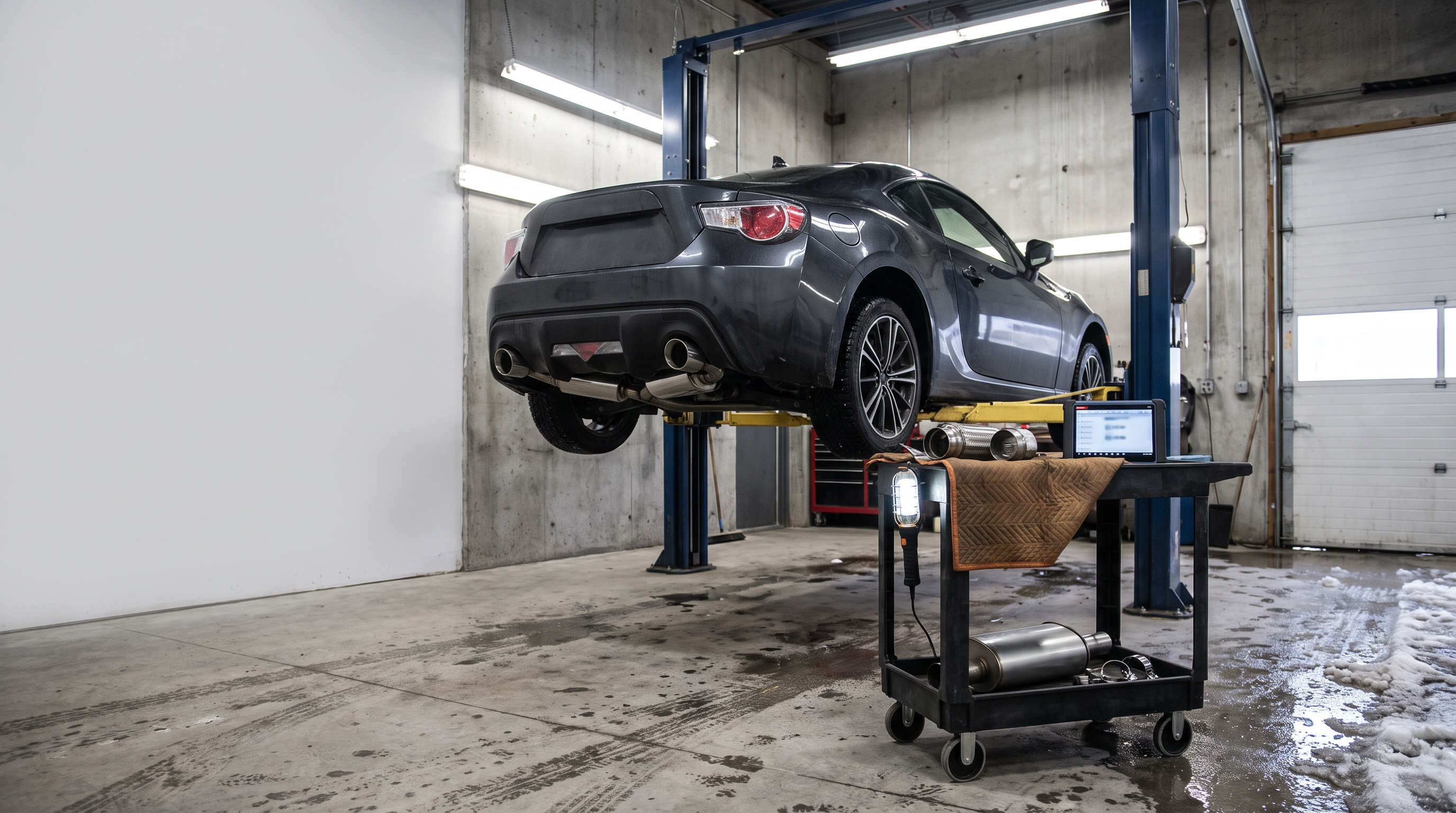 Voiture sport sur un pont élévateur dans un atelier d’échappement, avec sections de tuyaux et lampe d’inspection.