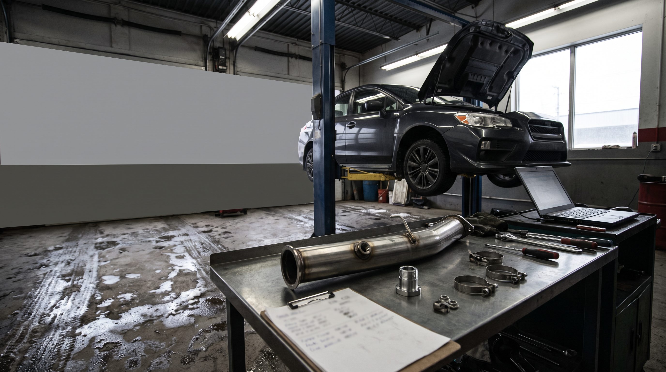 Generated editorial image of a generic sport sedan in a Quebec workshop with a downpipe section, O2 sensor bung, spacer fitting and diagnostic laptop