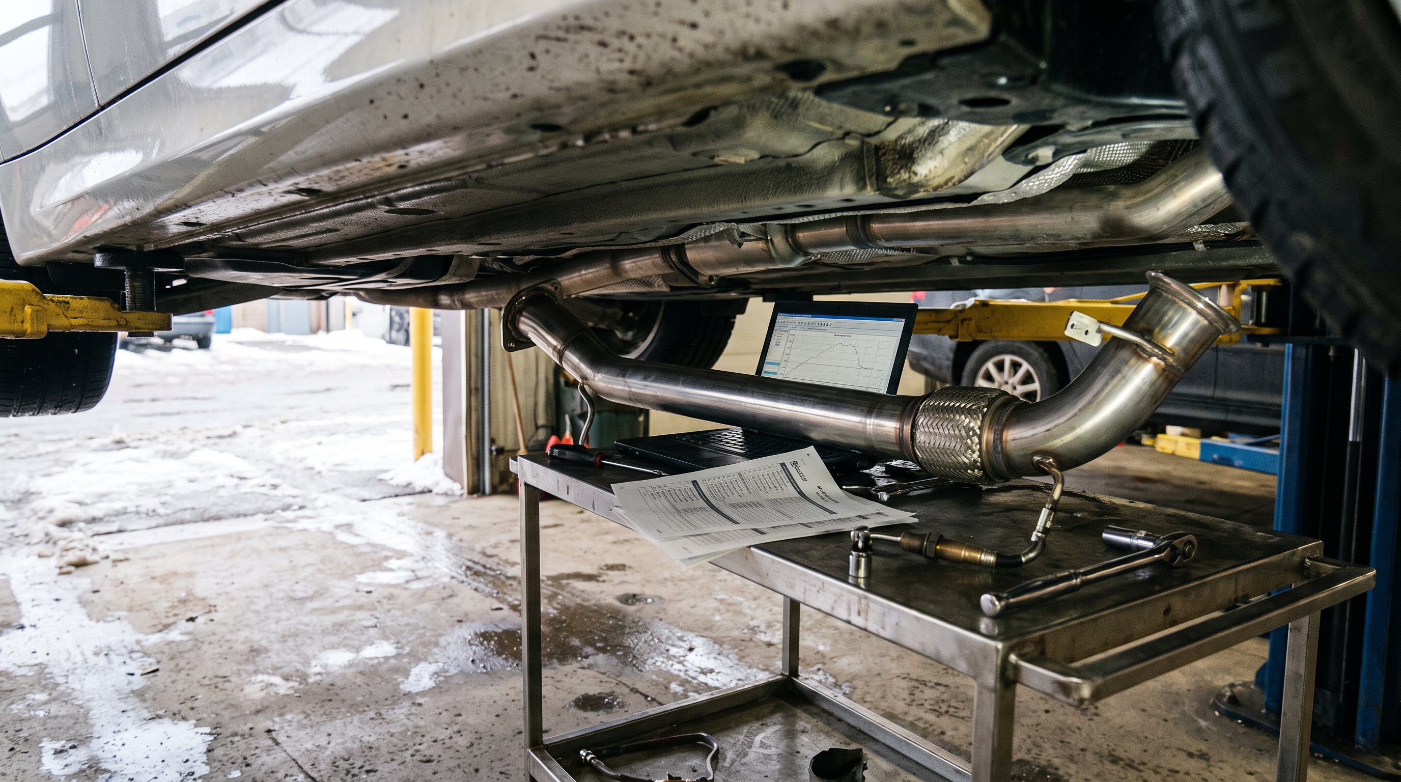 Generated workshop image showing a raised BMW-style performance sedan, downpipe hardware, tools, diagnostic laptop, and quote checklist for a BMW downpipe install near Montreal.