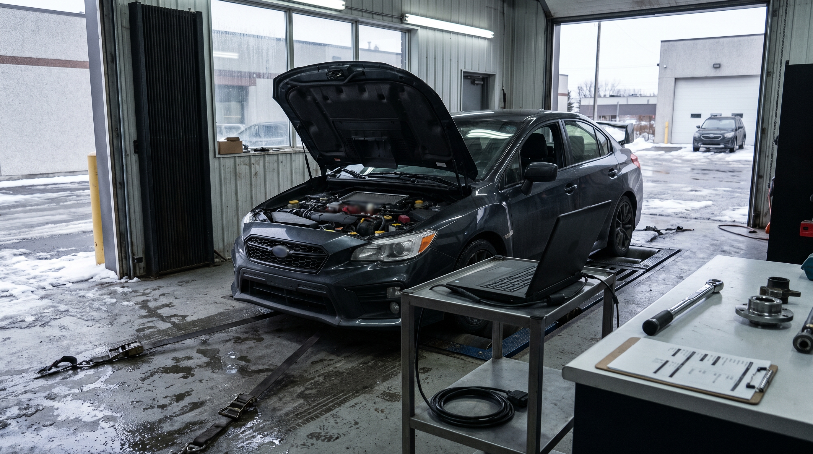 Generic sport sedan strapped on a chassis dyno in a Quebec tuning workshop with a diagnostic laptop and booking checklist