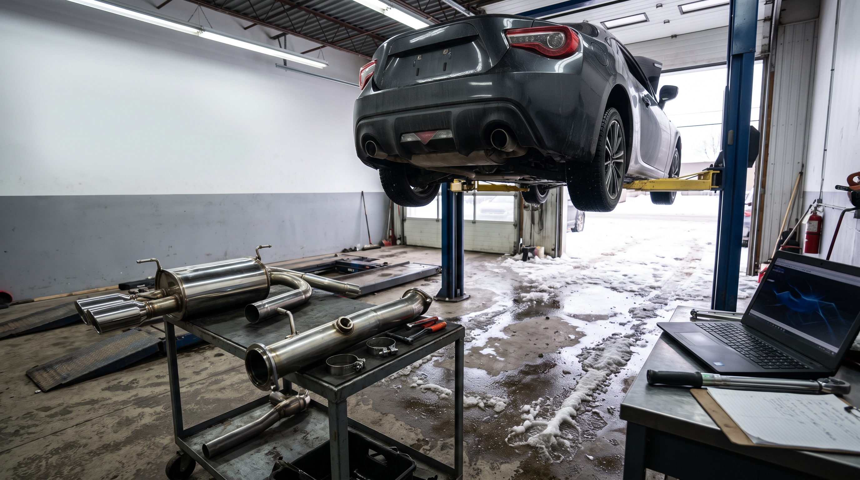 Generated workshop image showing a sport coupe on a lift with cat-back exhaust and downpipe-style components for a catback versus downpipe upgrade comparison.