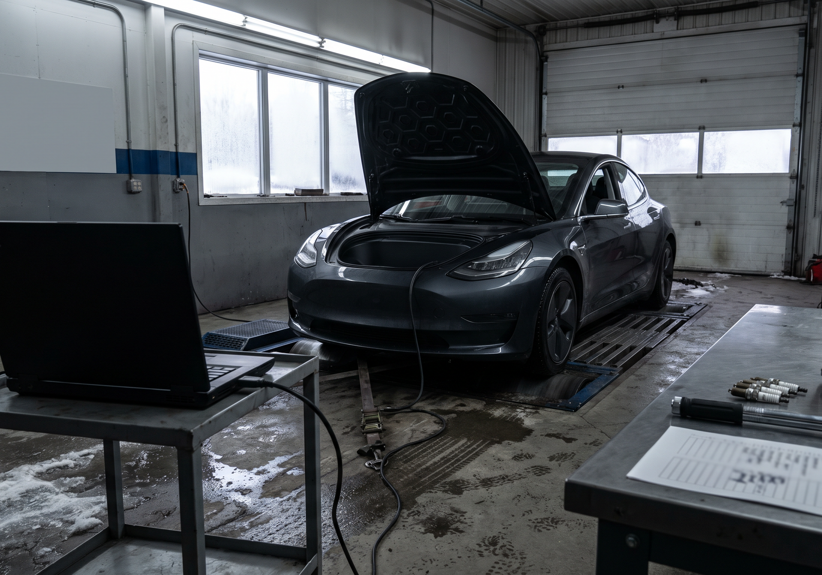 Generated editorial image of a generic sport sedan on a chassis dyno in a Quebec tuning workshop with a diagnostic laptop for a Stage 1 ECU tune booking checklist