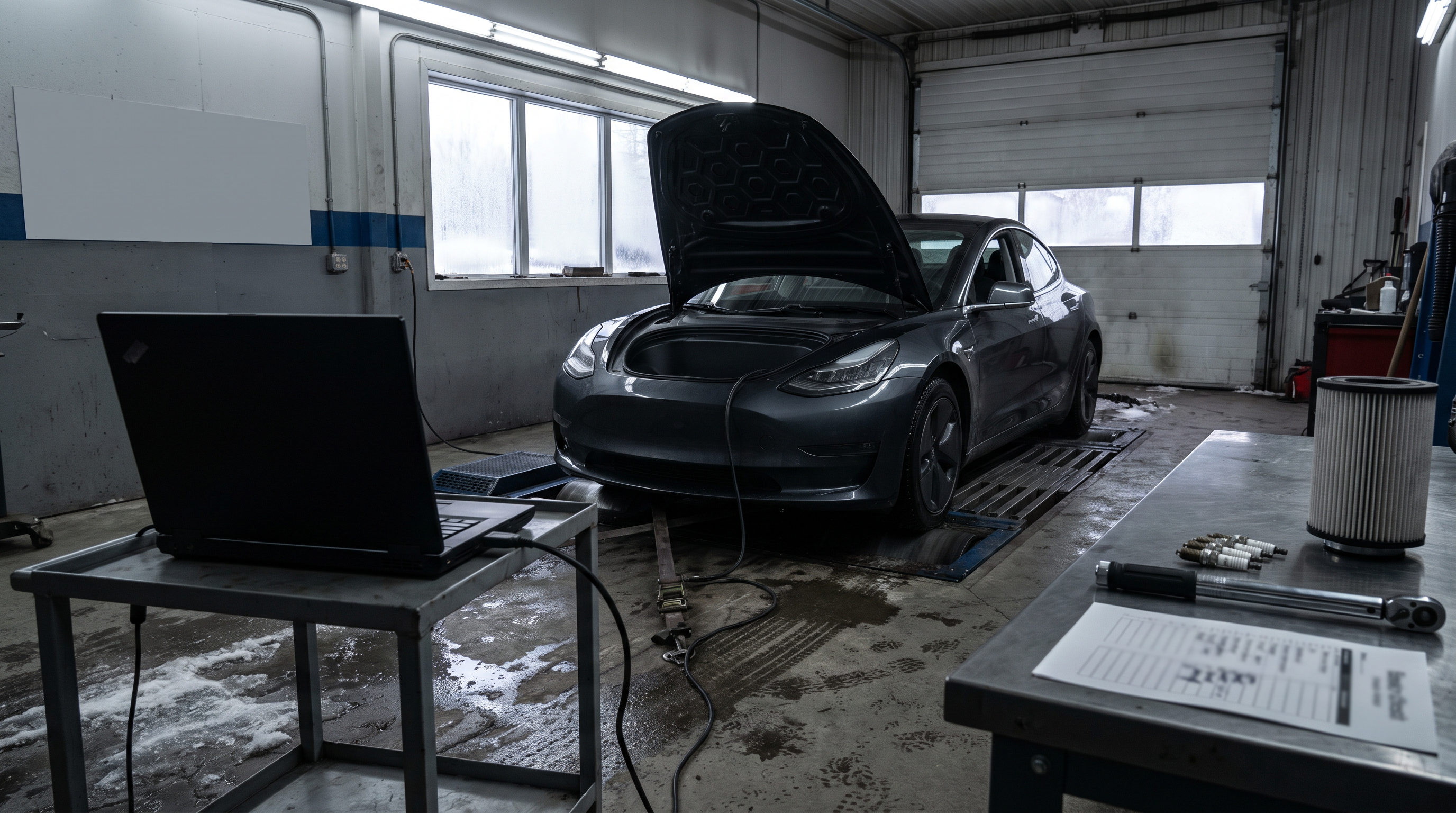Generated editorial image of a generic sport sedan on a chassis dyno in a Quebec tuning workshop with a diagnostic laptop for a Stage 1 ECU tune booking checklist
