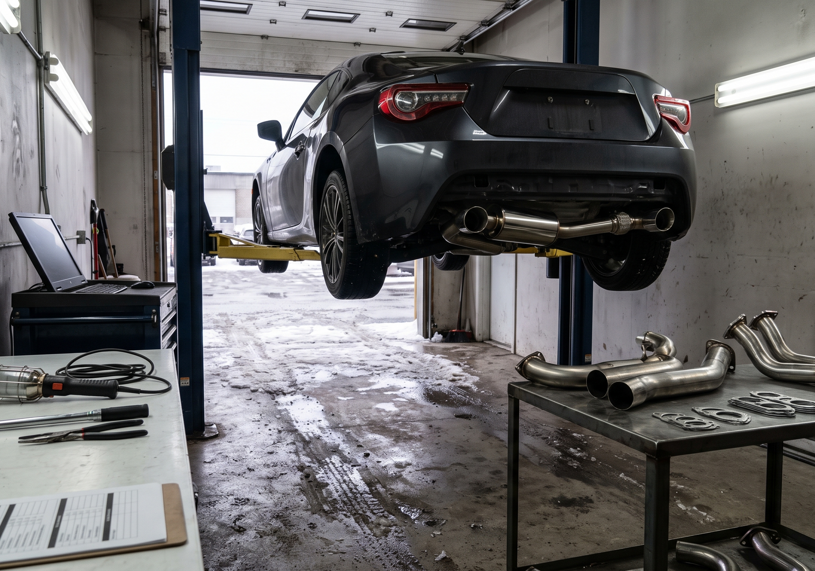 Generated editorial image of a generic sport coupe on a lift in a Quebec exhaust workshop with muffler, cat-back and custom exhaust components for a Brossard decision checklist
