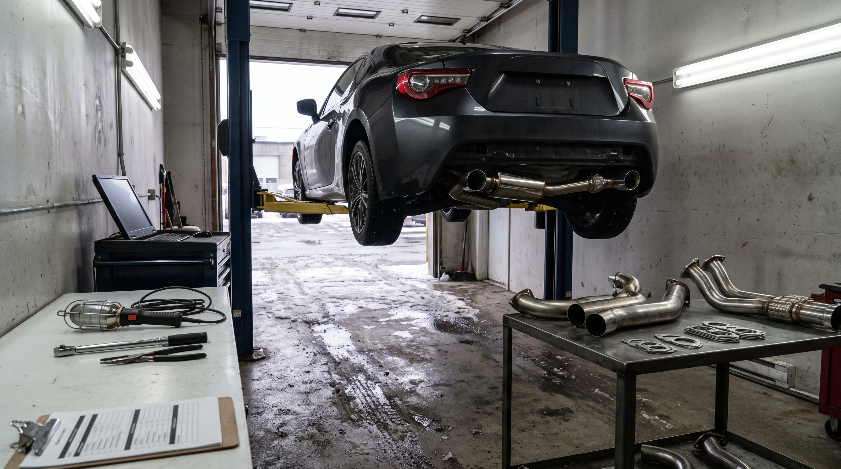 Generated editorial image of a generic sport coupe on a lift in a Quebec exhaust workshop with muffler, cat-back and custom exhaust components for a Brossard decision checklist