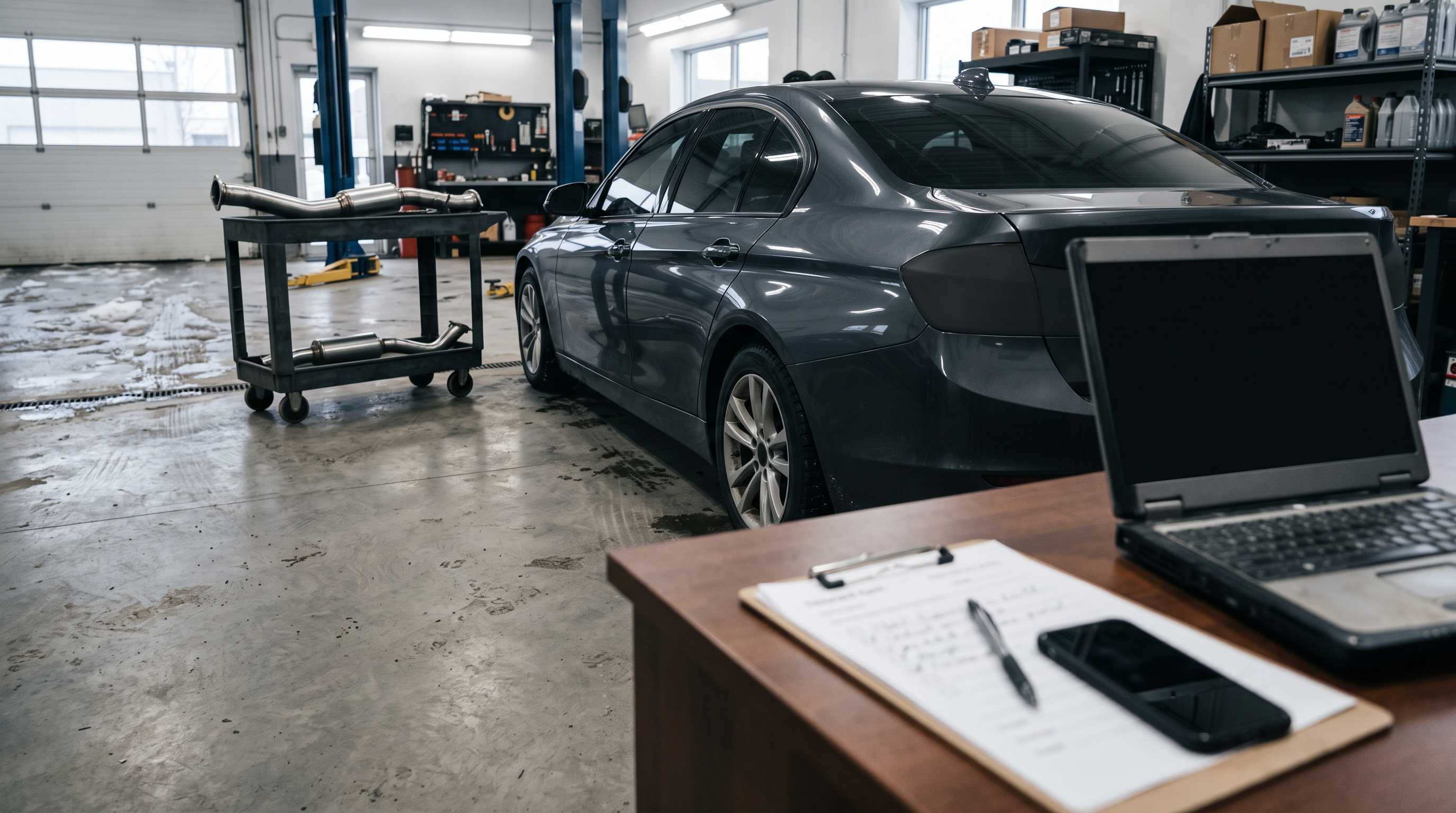 Generated editorial image of a generic sport sedan in a Quebec performance workshop with exhaust parts, diagnostic laptop and booking checklist for an AZ Motorsport reviews guide