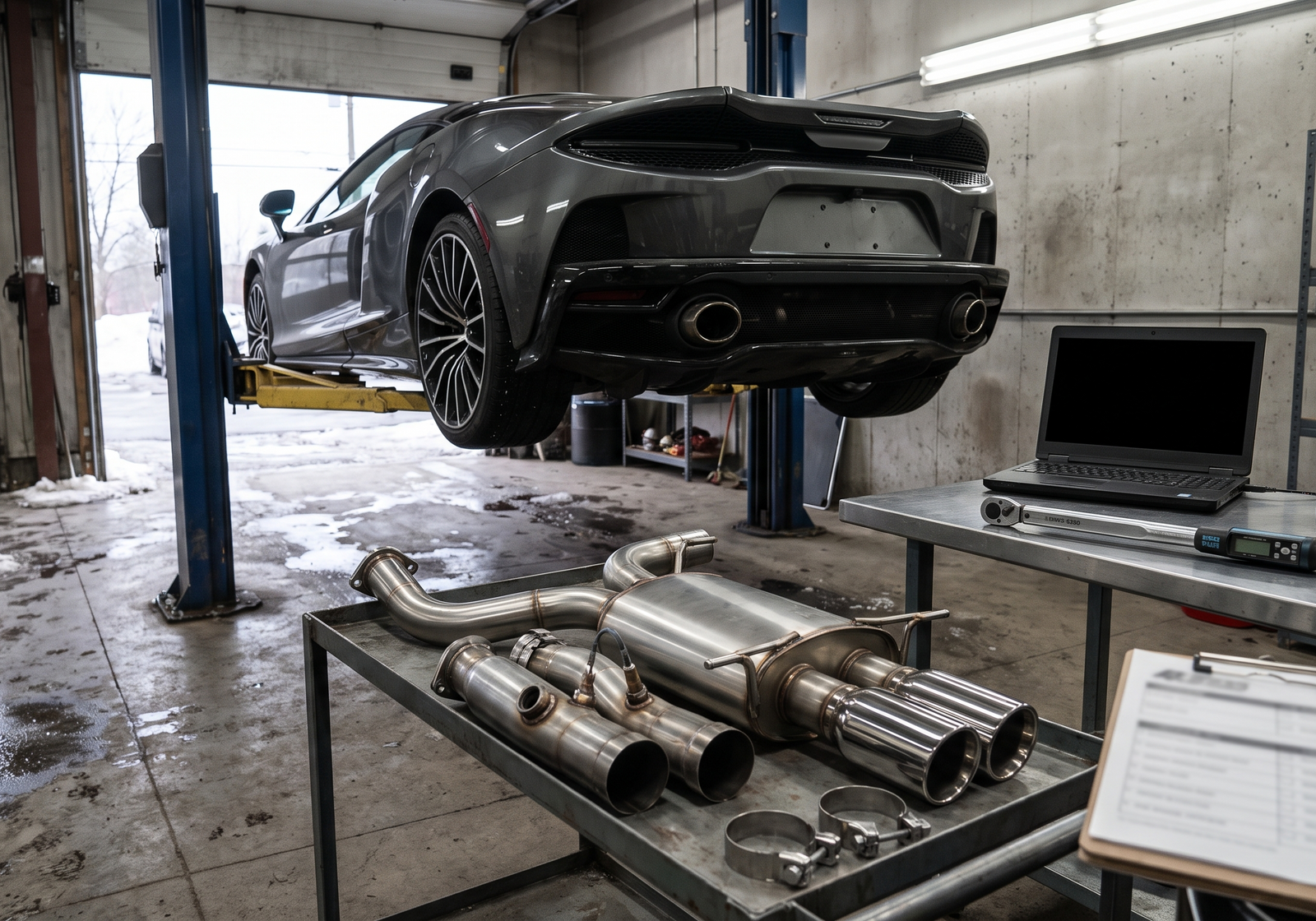 Generated editorial image of a McLaren GT/GTS-inspired coupe in a Quebec exhaust workshop with exhaust and downpipe components for an upgrade comparison