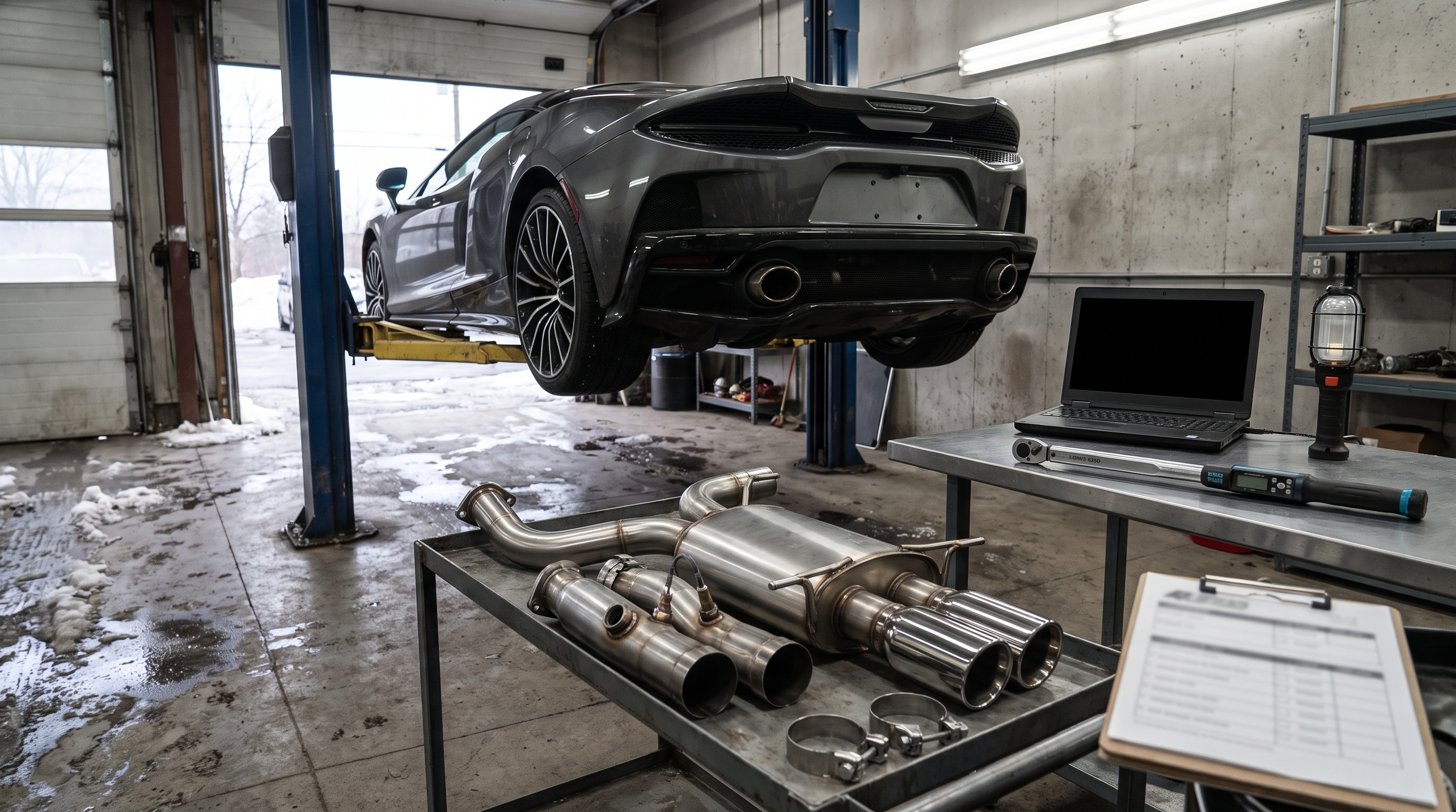 Generated editorial image of a McLaren GT/GTS-inspired coupe in a Quebec exhaust workshop with exhaust and downpipe components for an upgrade comparison