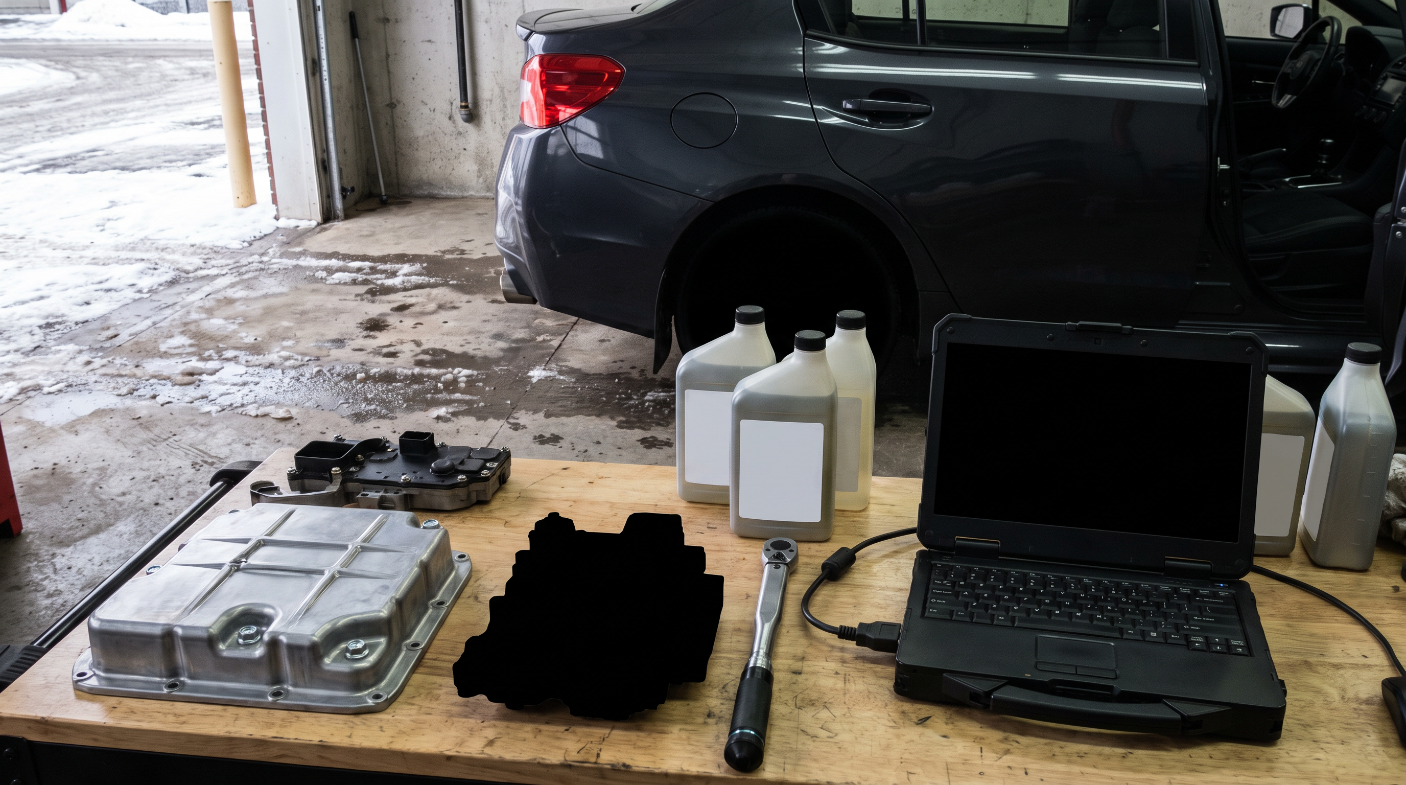 Generated editorial image of a generic performance sedan in a Quebec workshop with transmission parts and a diagnostic laptop for a TCU tune guide