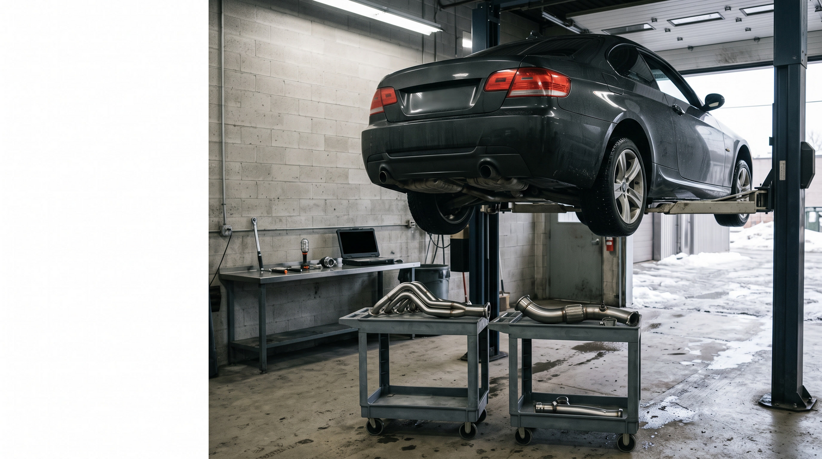 Generated workshop comparison image showing a raised sport coupe with header-style manifolds and downpipe-style exhaust components for a headers versus downpipe guide