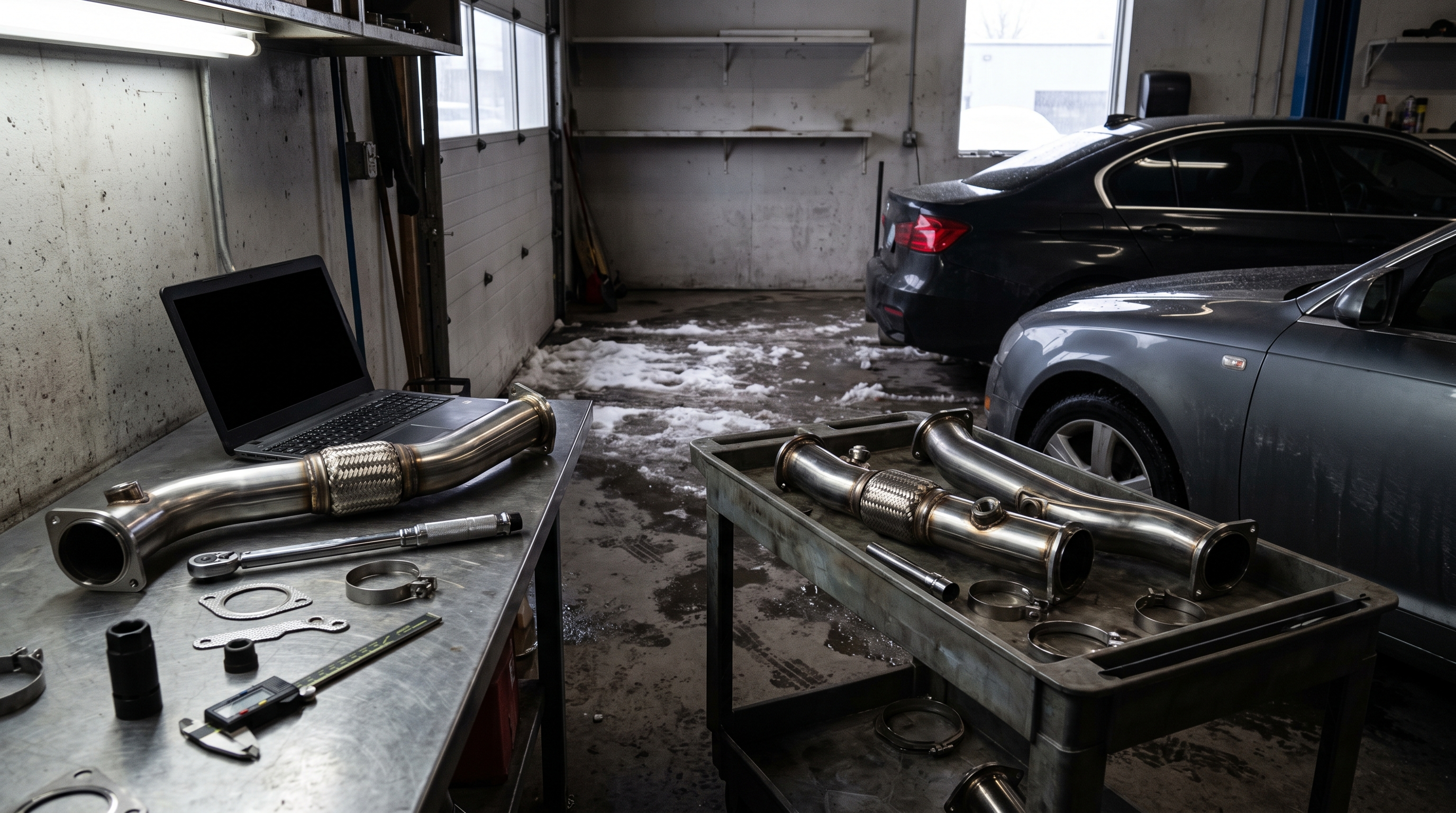 Generated editorial image of downpipe parts in a Quebec performance workshop for a Canada BMW and Audi downpipes buyer checklist