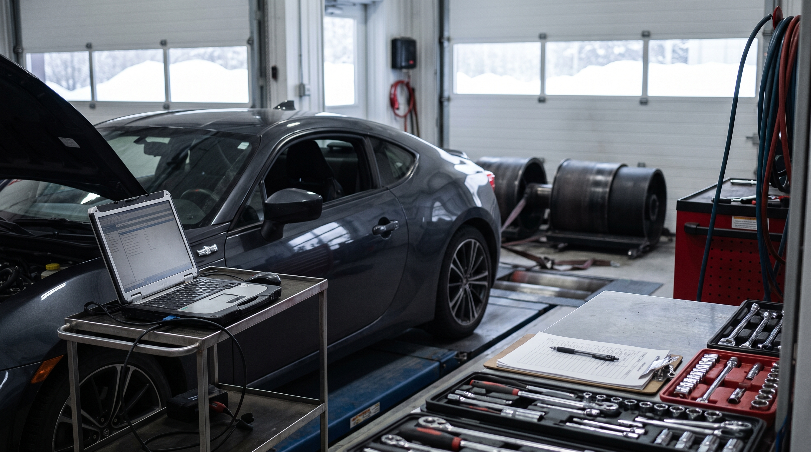 Garage tuning au Québec avec voiture sur dyno, ordinateur de diagnostic et checklist de préparation