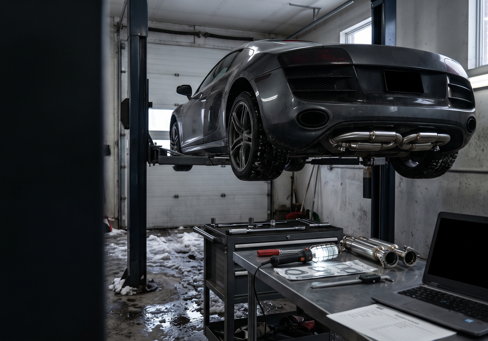 Generated workshop image showing an Audi R8-inspired coupe on a lift with exhaust components, tools and diagnostic equipment for an exhaust upgrade checklist