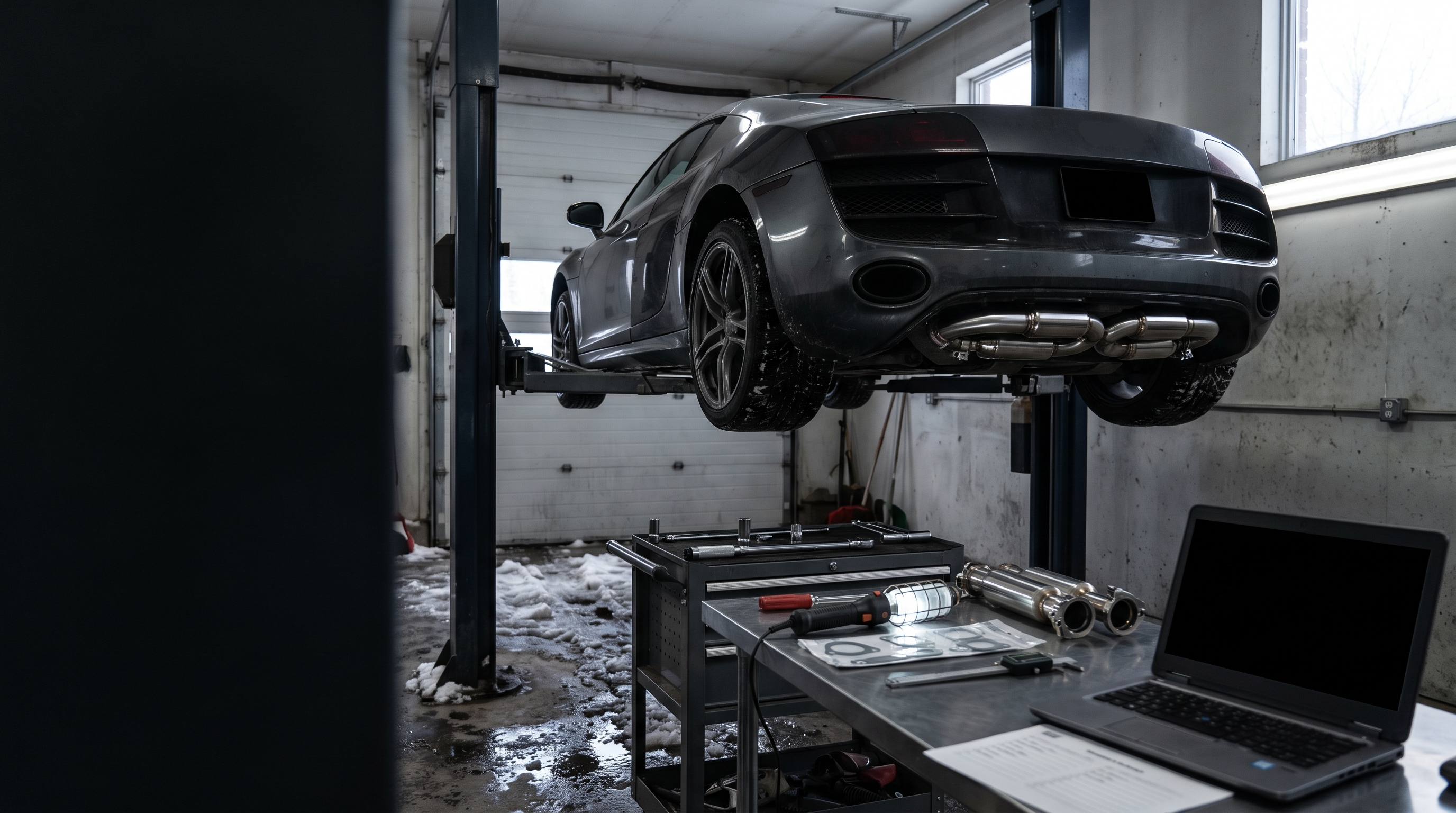 Generated workshop image showing an Audi R8-inspired coupe on a lift with exhaust components, tools and diagnostic equipment for an exhaust upgrade checklist