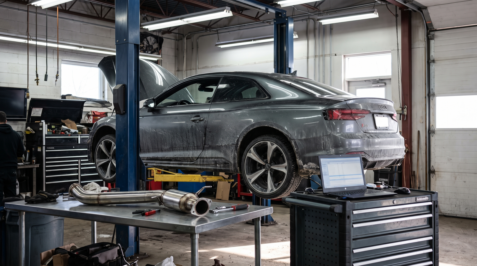 Audi RS5 in a workshop during downpipe install and tune checklist planning