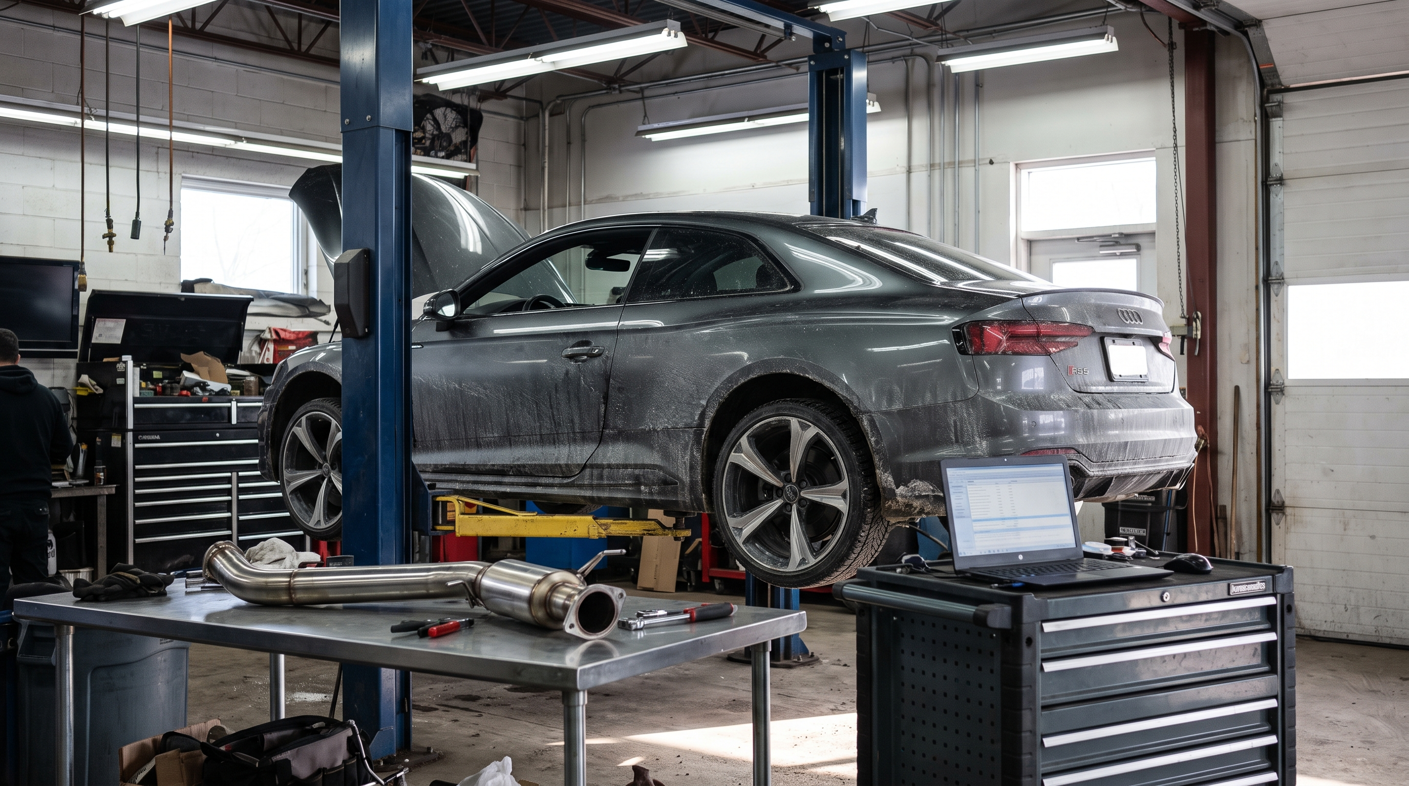 Audi RS5 in a workshop during downpipe install and tune checklist planning