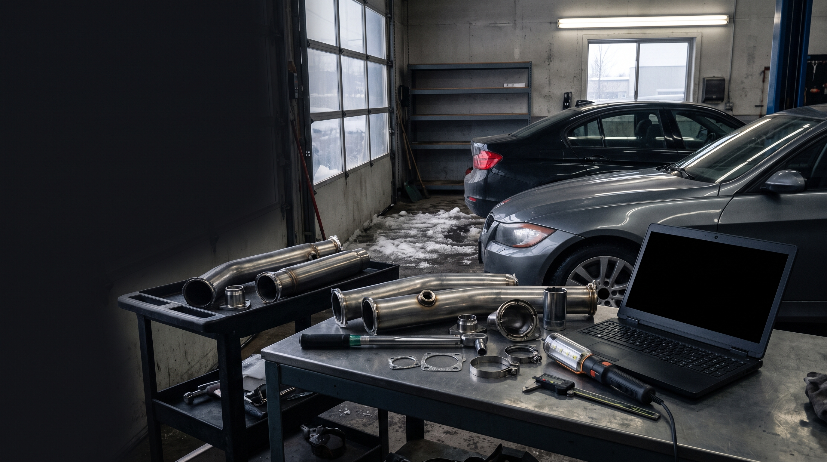 Generated workshop image showing catless downpipe parts, diagnostic equipment and fitment checklist context for an AZ Motorsport buyer guide