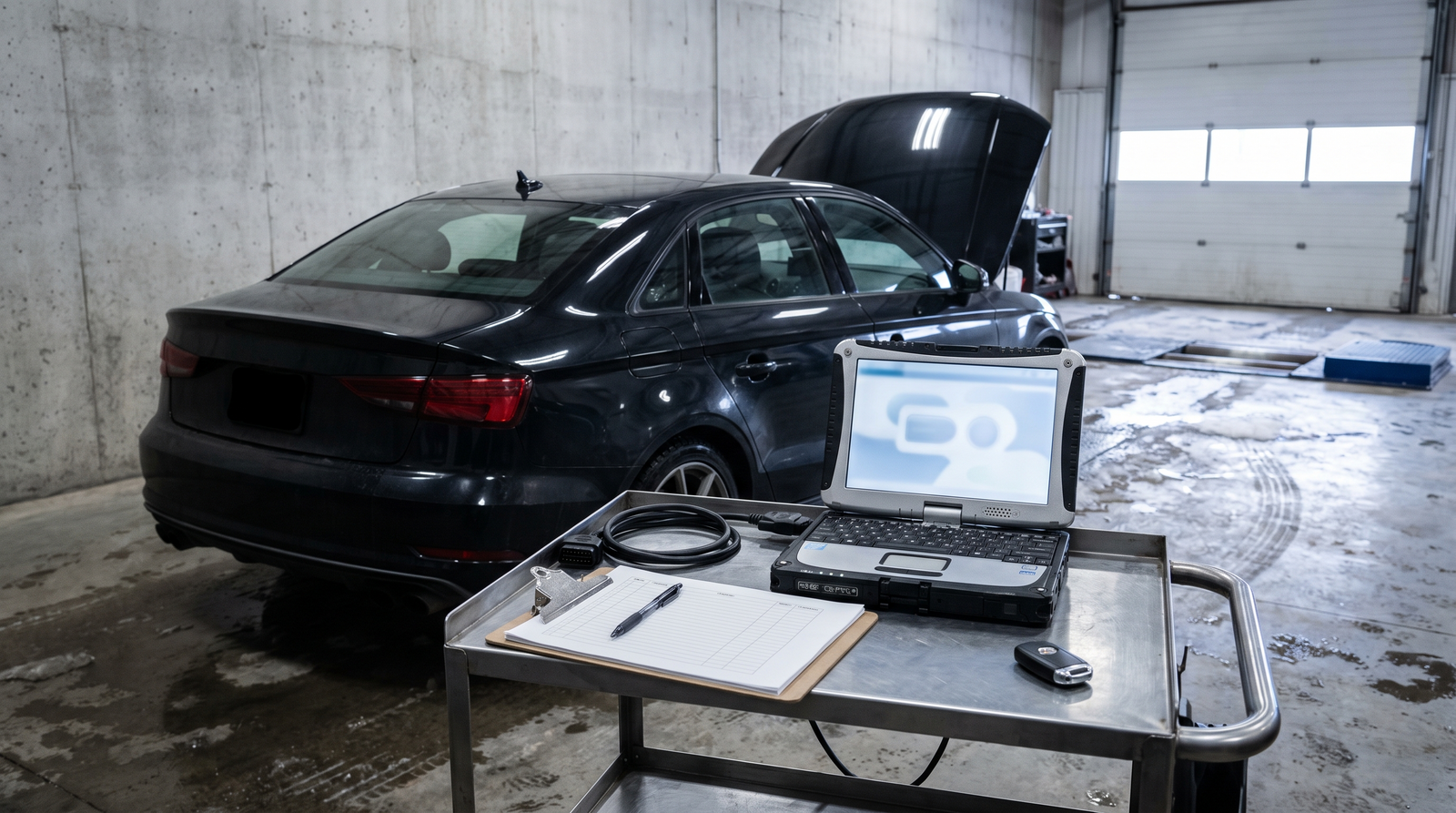 Illustration of a performance car tuning booking checklist near Montreal and Brossard with diagnostic laptop, OBD cable and workshop bay context