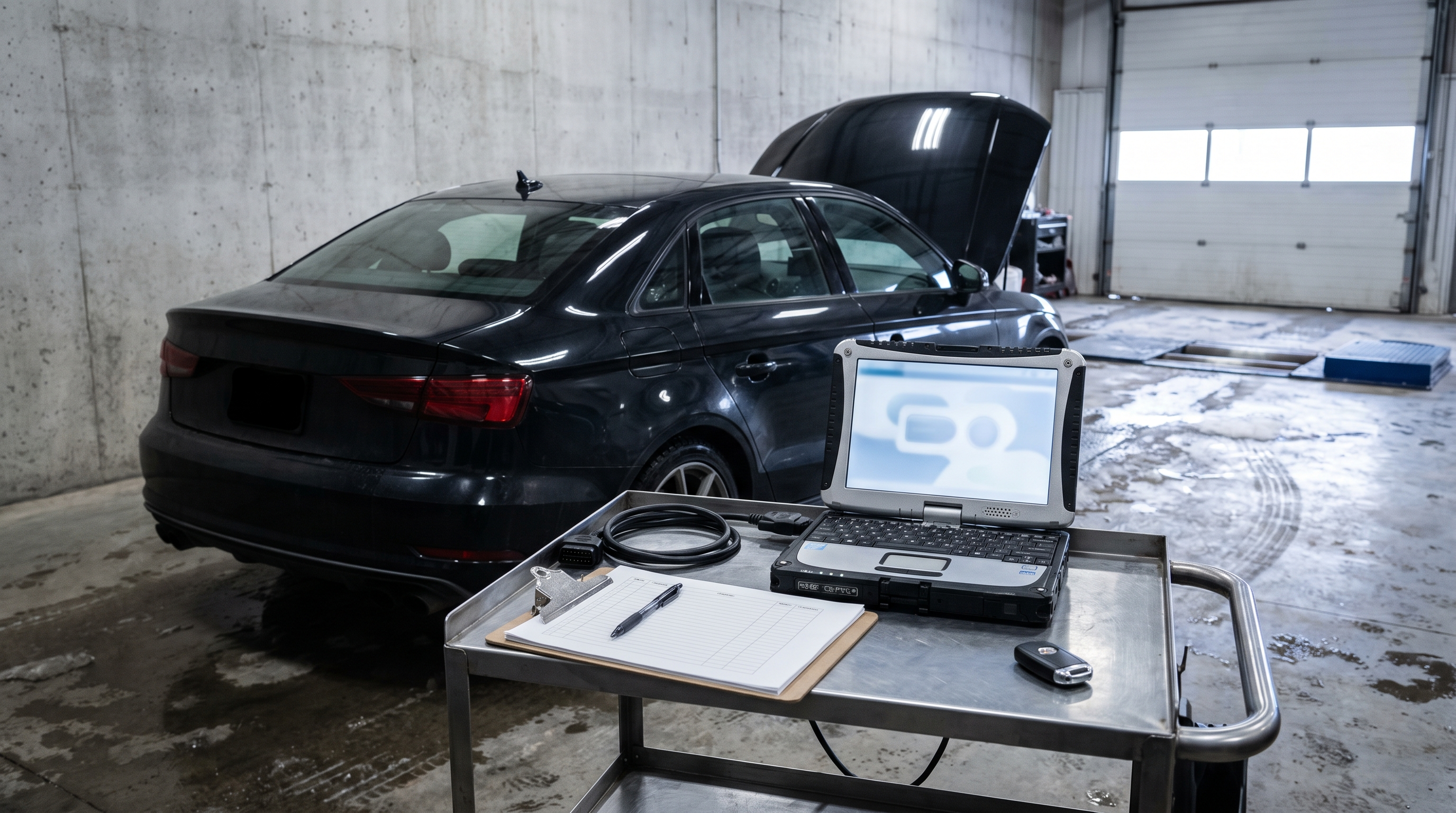 Illustration of a performance car tuning booking checklist near Montreal and Brossard with diagnostic laptop, OBD cable and workshop bay context