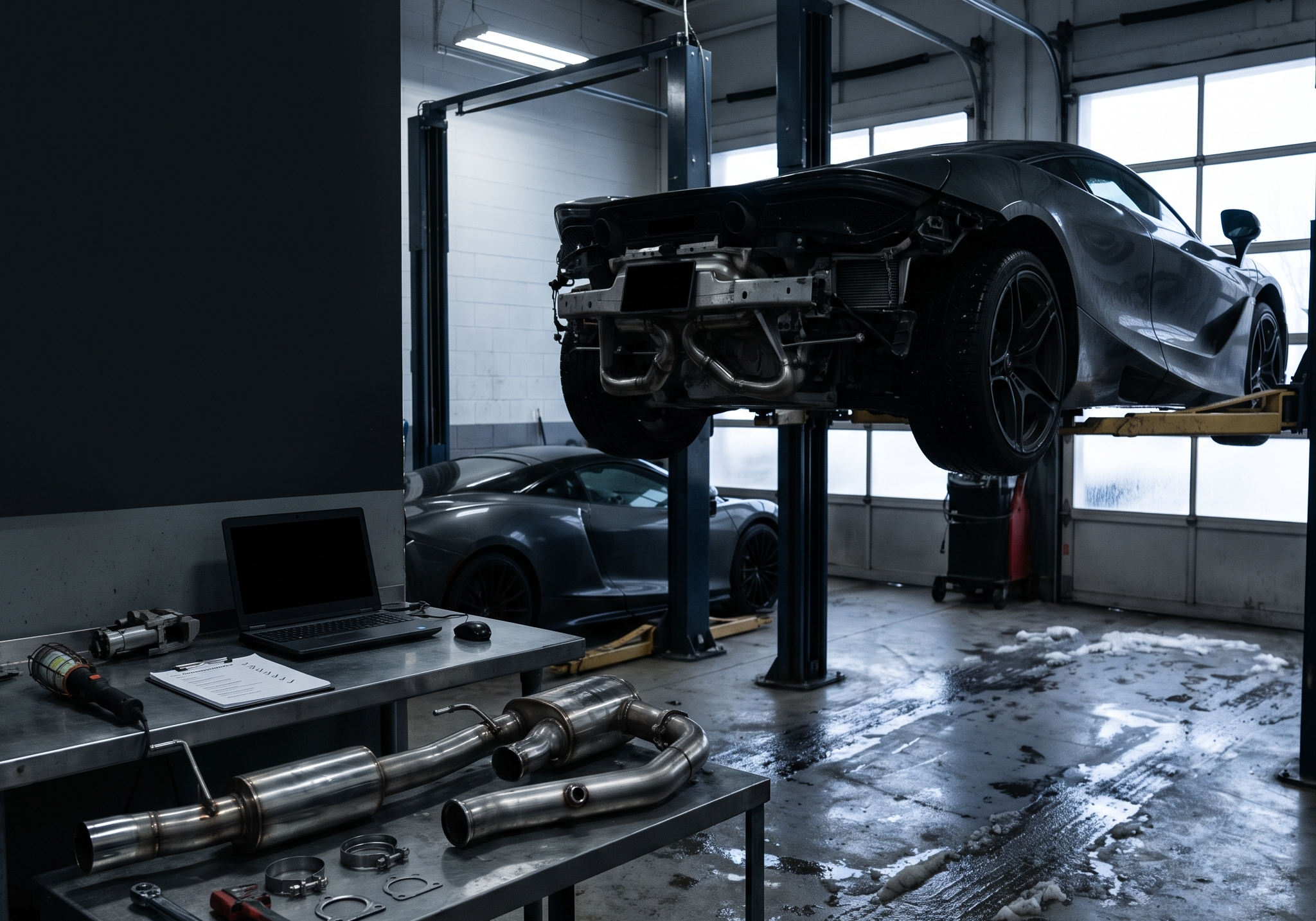 Generated workshop image showing a McLaren-inspired coupe on a lift with exhaust components and diagnostic checklist context