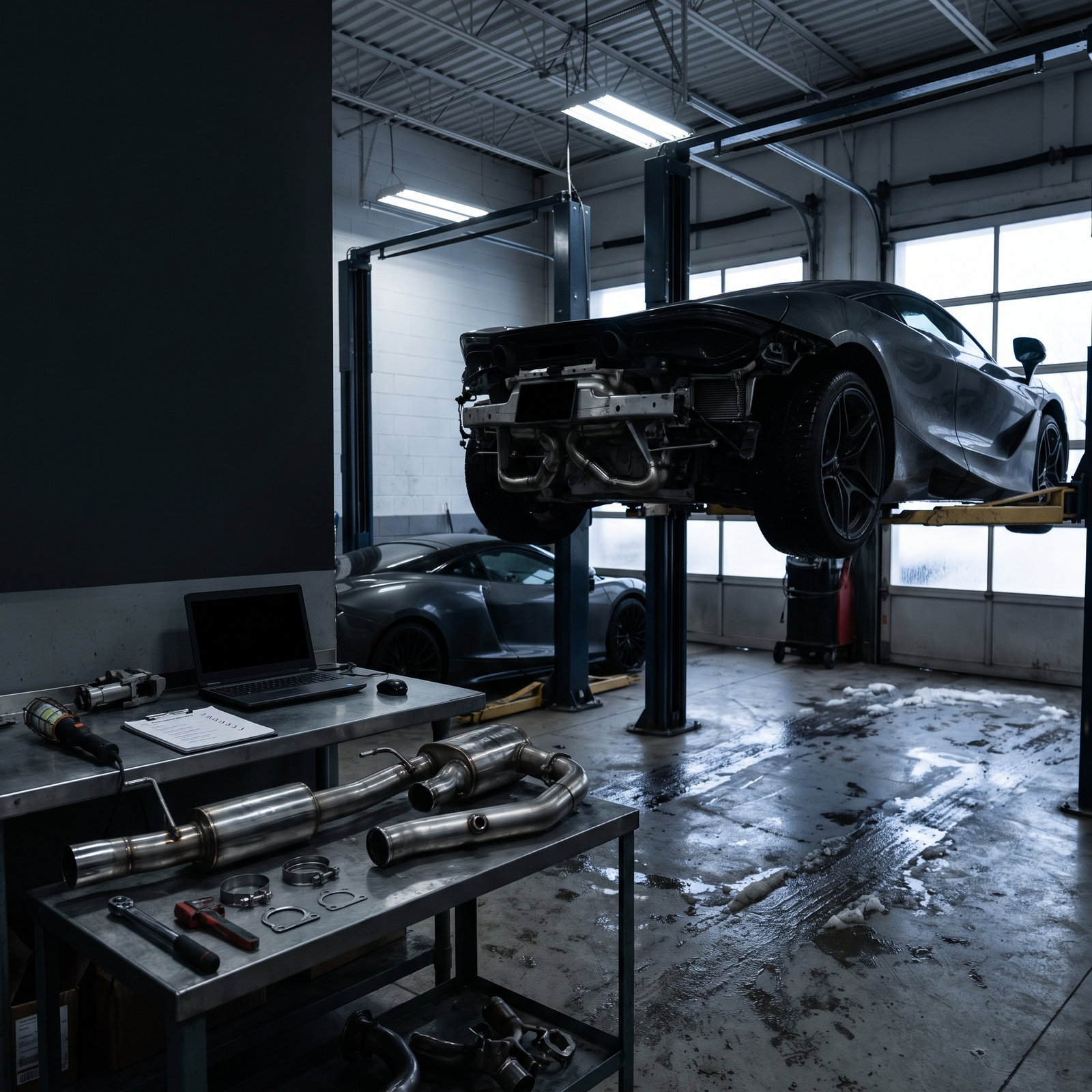 Generated workshop image showing a McLaren-inspired coupe on a lift with exhaust components and diagnostic checklist context