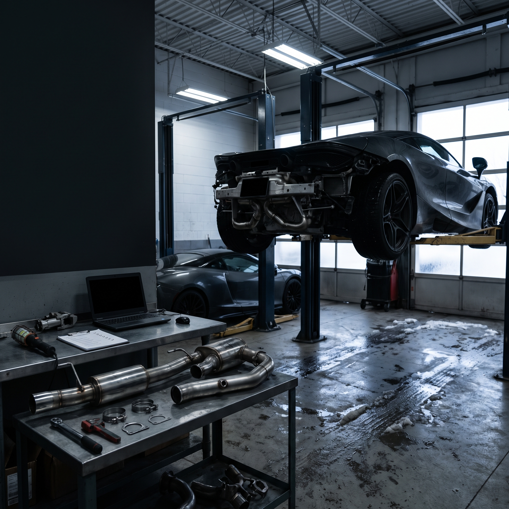 Generated workshop image showing a McLaren-inspired coupe on a lift with exhaust components and diagnostic checklist context