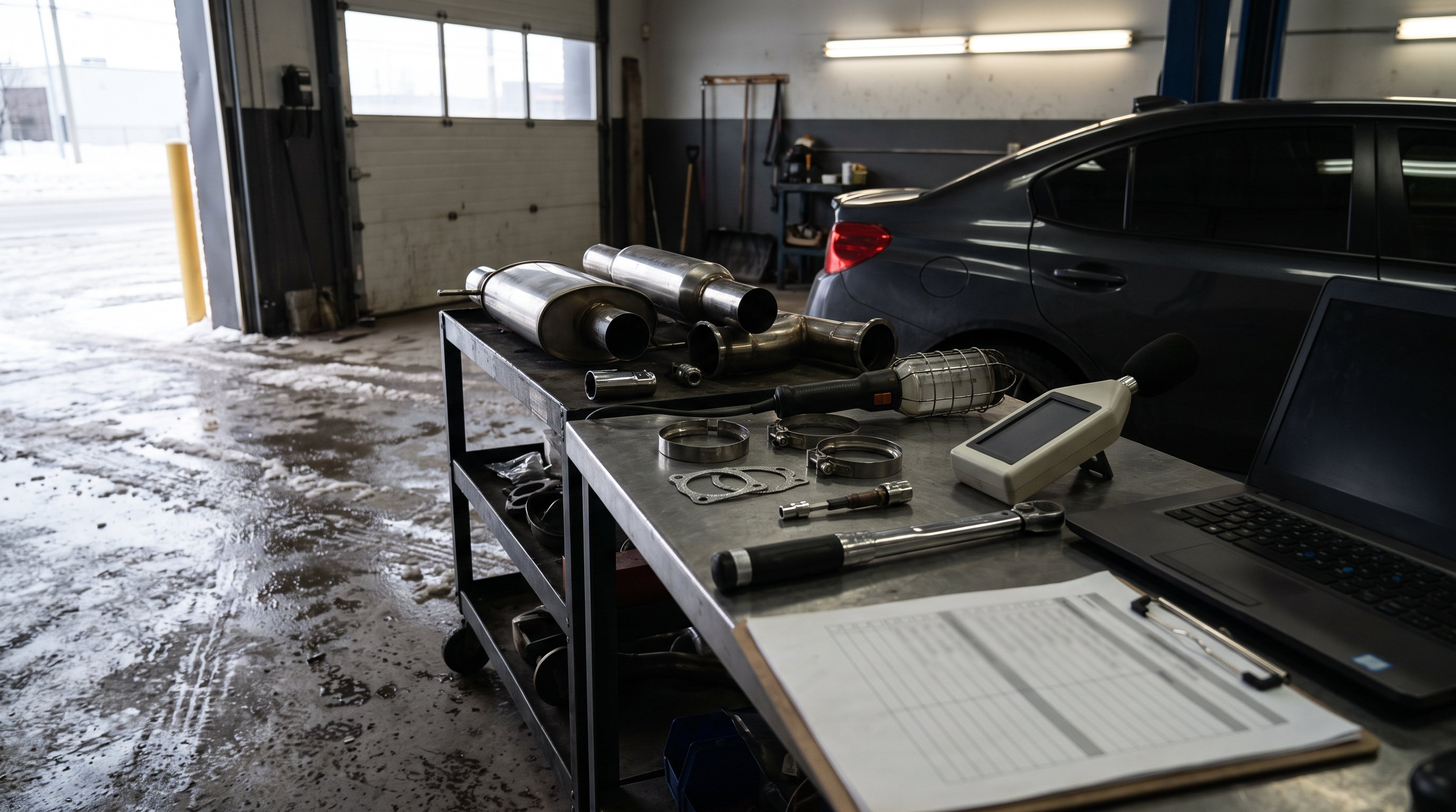 Generated workshop image showing modified exhaust parts, sound-check tools and checklist context for a Quebec buyer guide