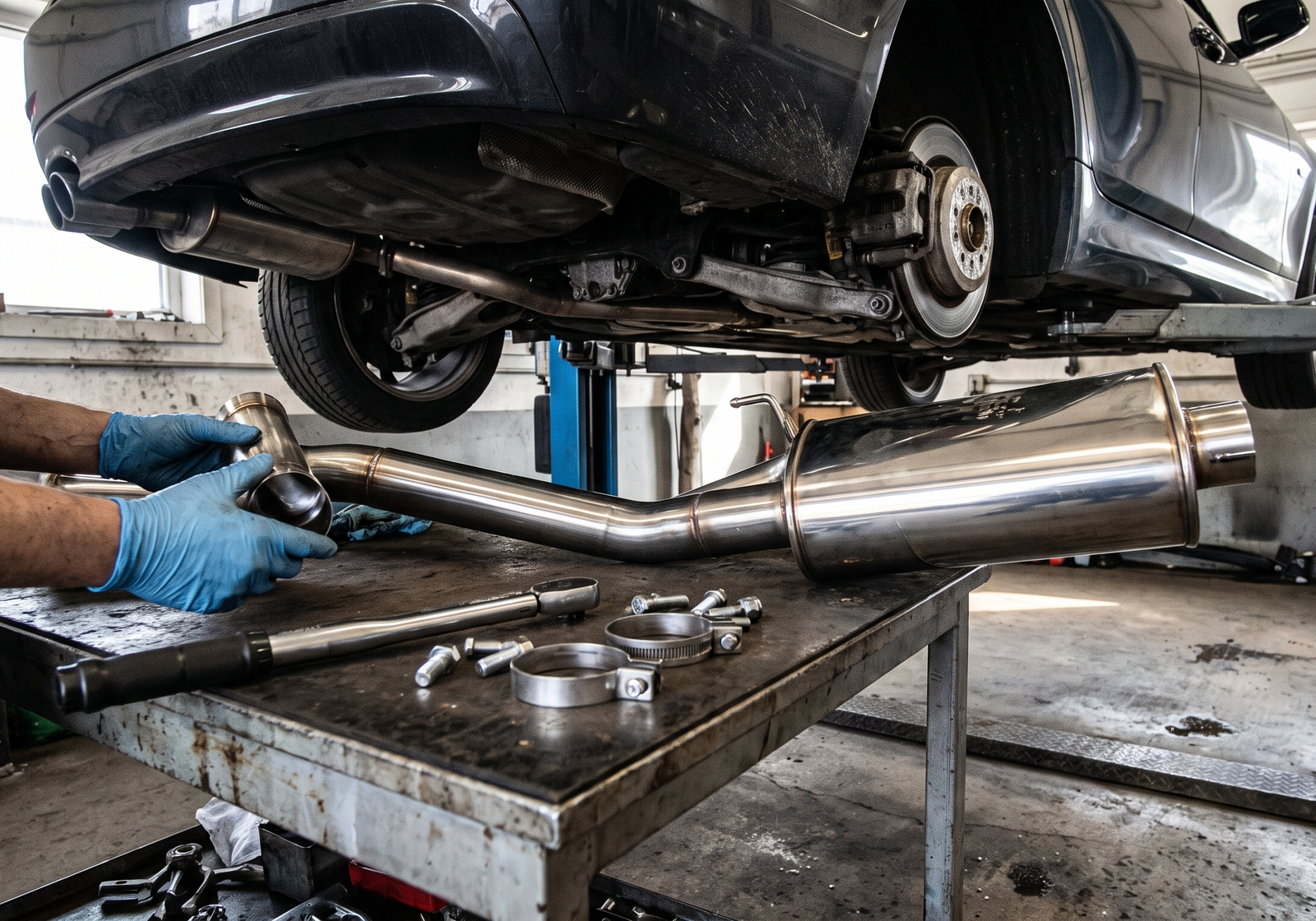 Performance shop scene with exhaust components for a BMW M3 upgrade checklist