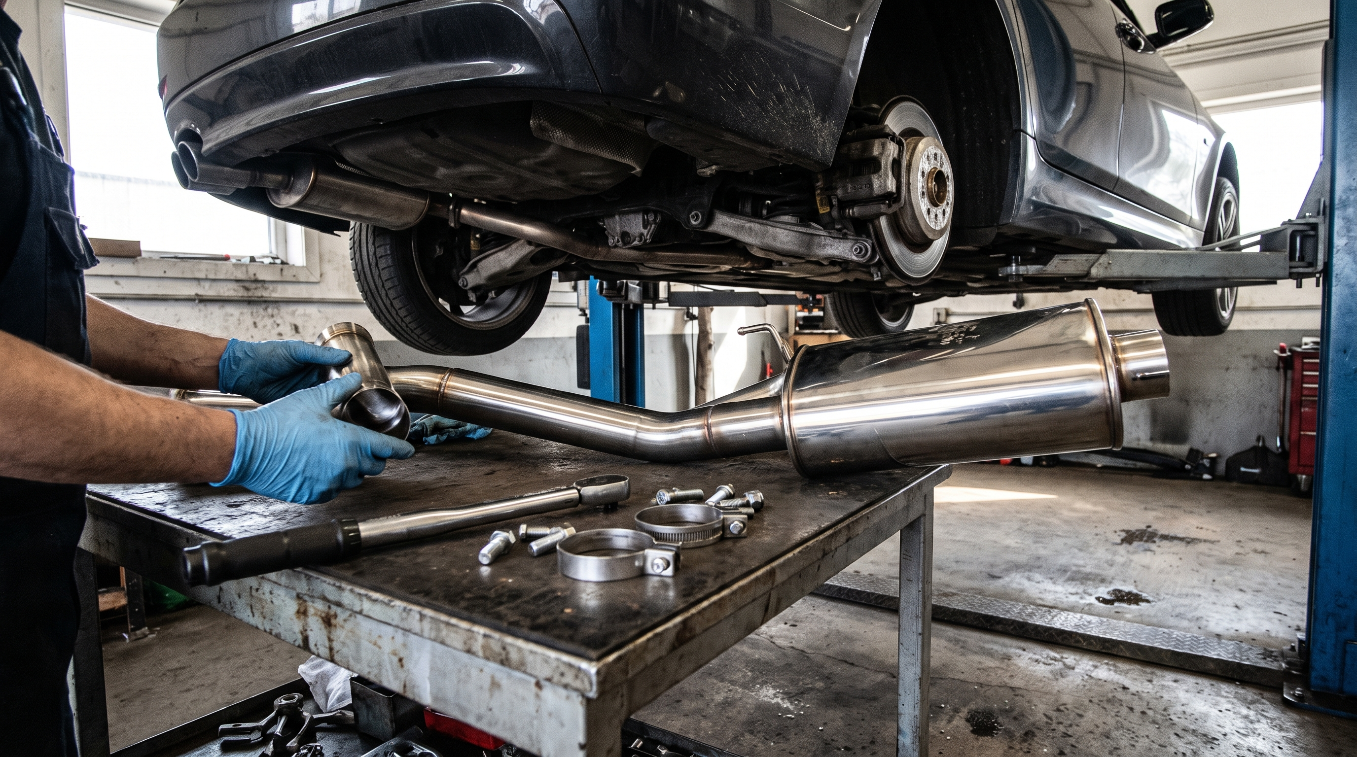 Performance shop scene with exhaust components for a BMW M3 upgrade checklist